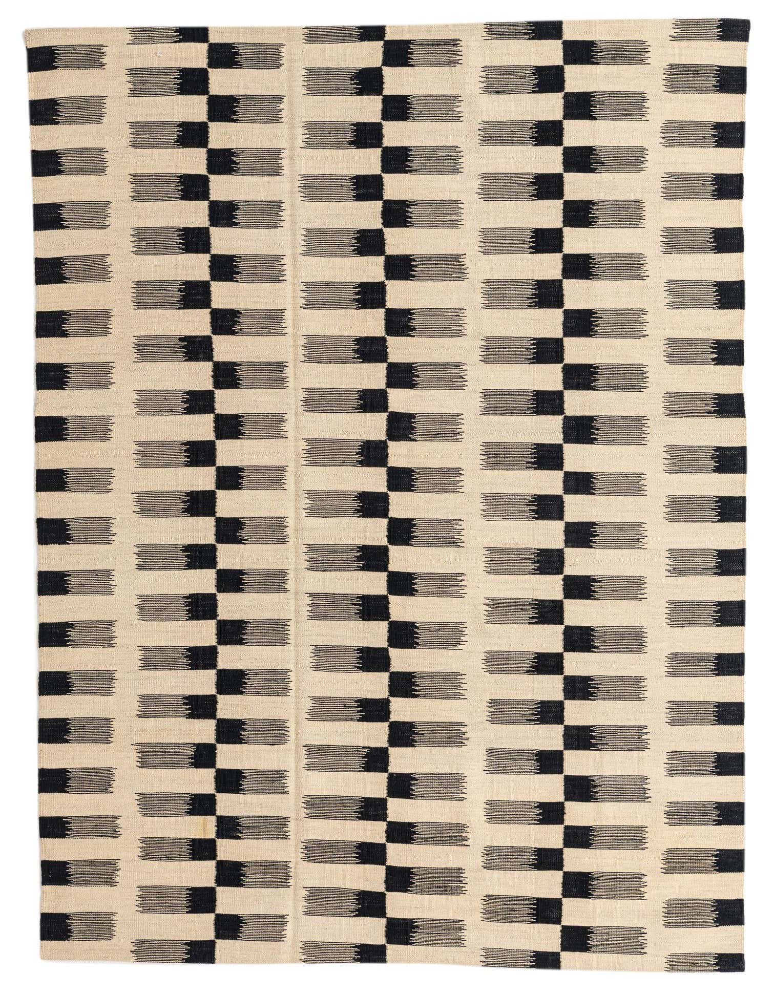A 5x8 rectangular black and ivory flatweave wool rug with a modern tribal stripe pattern.