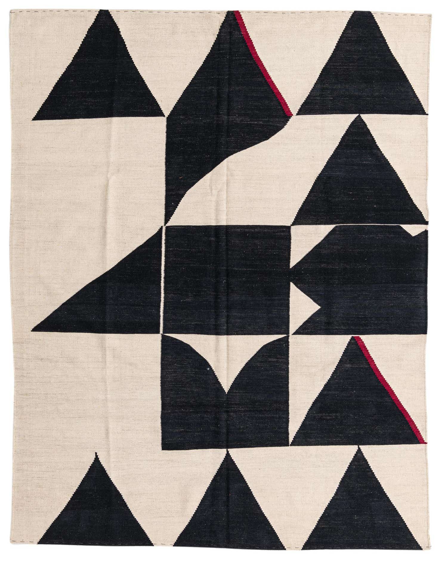 A 7x10 rectangular flatweave rug with a bold black and cream geometric tribal pattern, featuring triangles and abstract shapes, with subtle red accents.