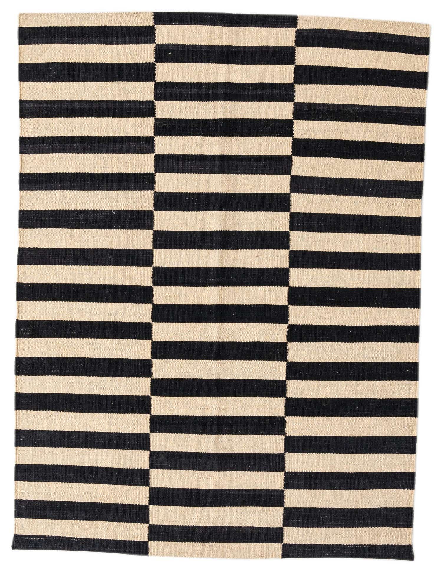 A 4x6 rectangular Kilim Modern wool rug featuring bold black and cream horizontal stripes in a tribal block pattern.