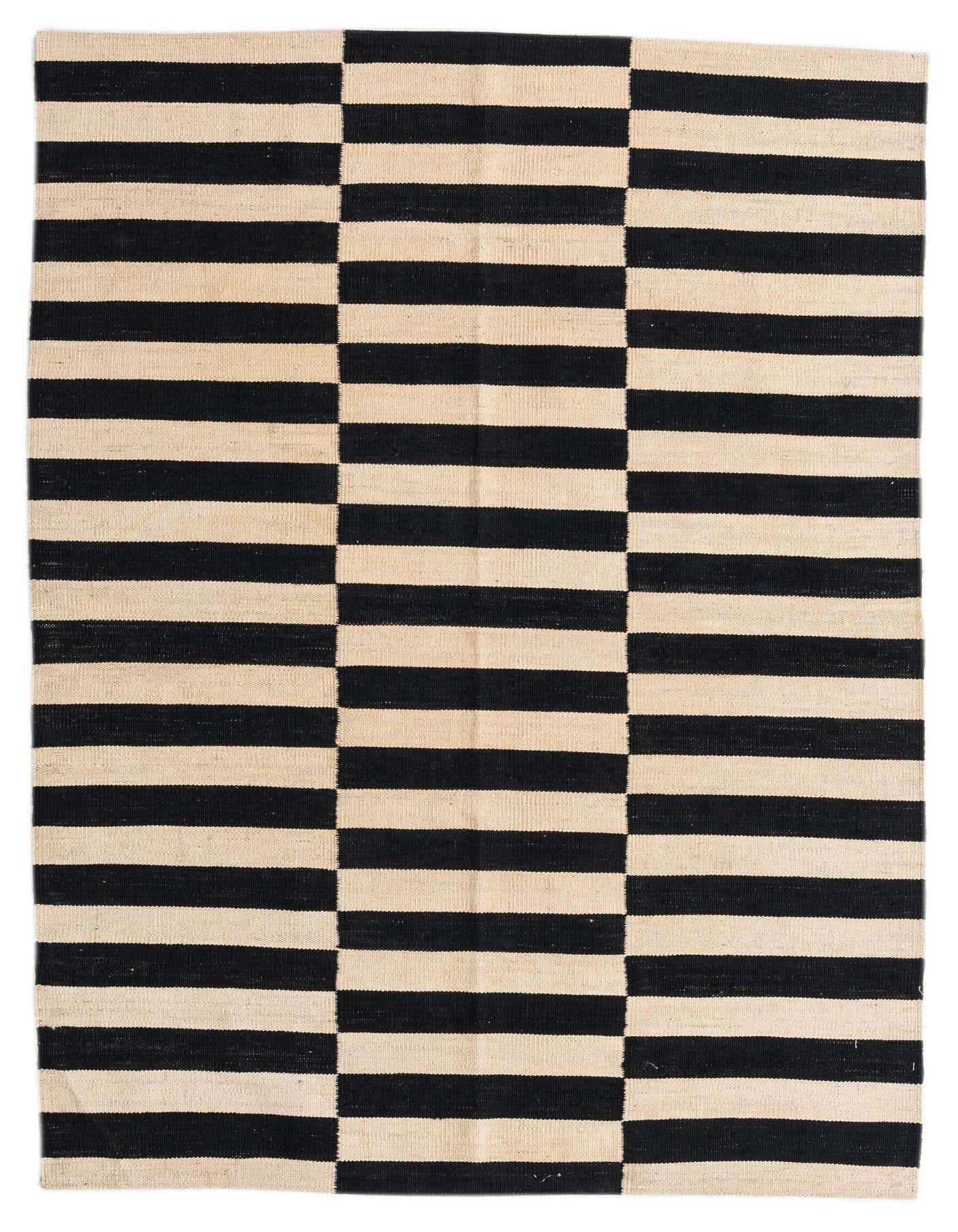 A 4x6 rectangular Kilim Modern rug with bold black and ivory horizontal stripes in a tribal pattern.