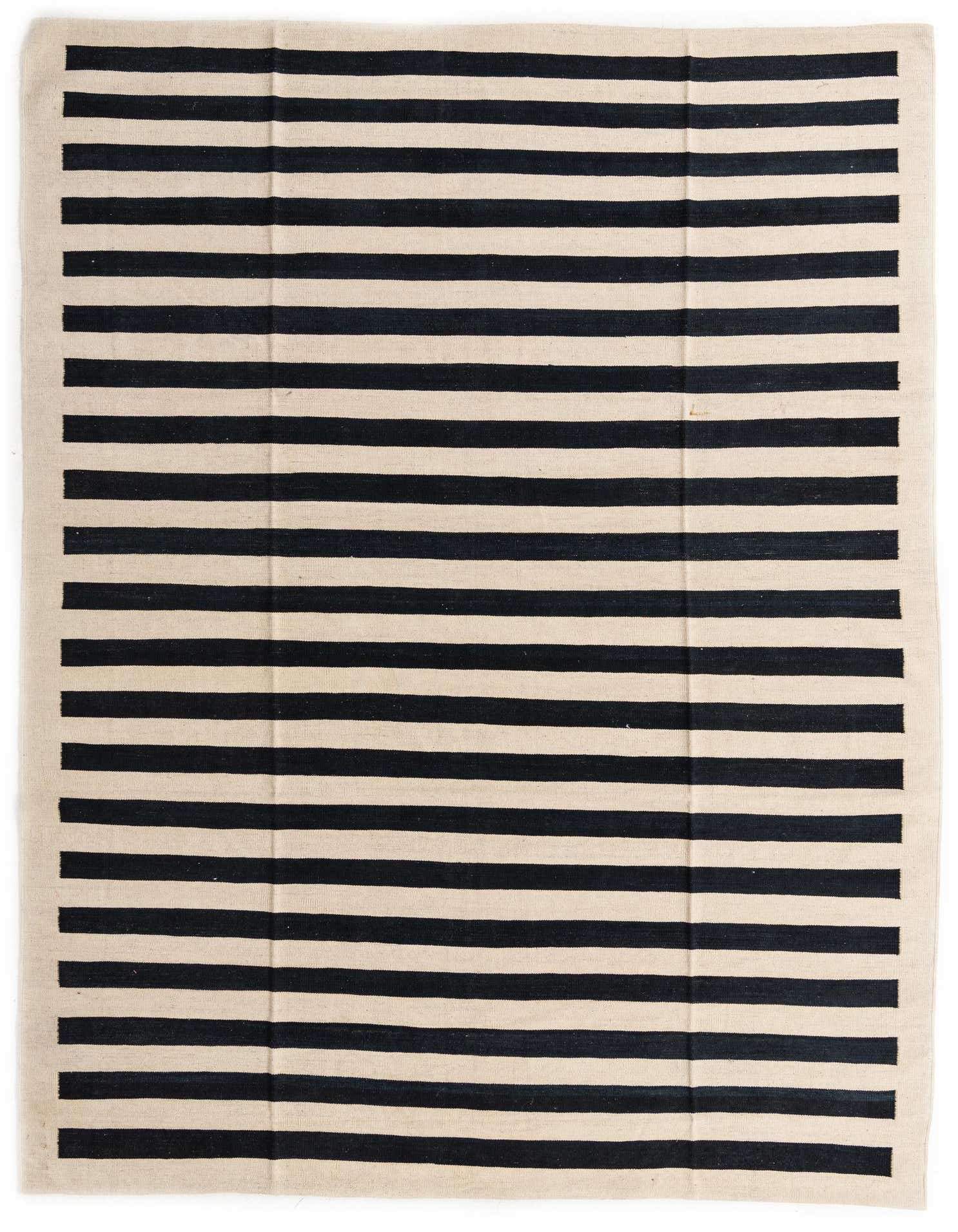 A large 8x11 rectangular Kilim Modern rug with bold black and cream horizontal stripes, suitable for a living room.