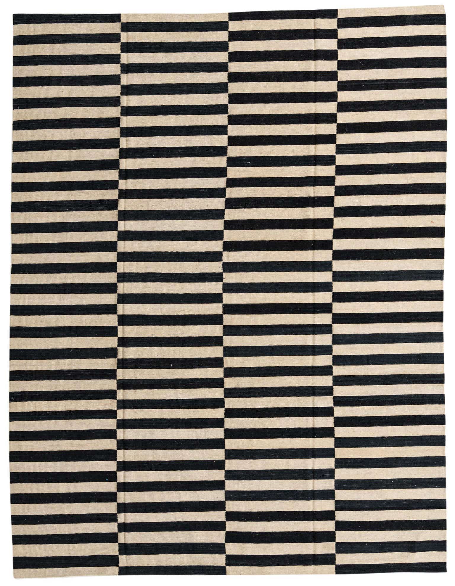 A large 8x11 rectangular Kilim Modern rug featuring bold black and cream horizontal stripes in a tribal pattern.