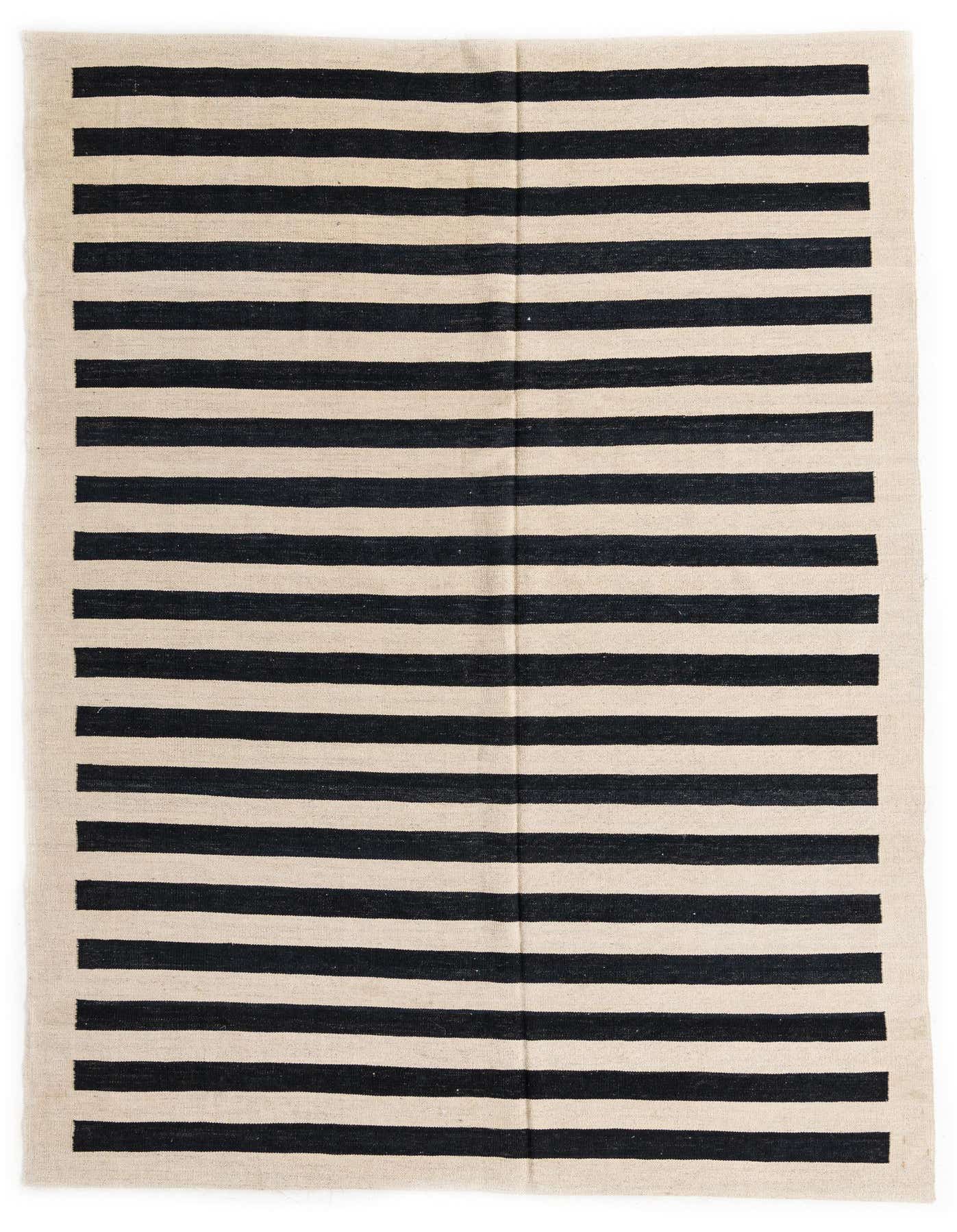 A 6x9 rectangular Kilim Modern rug from Rugs.com featuring bold black and cream horizontal stripes, perfect for a living room.