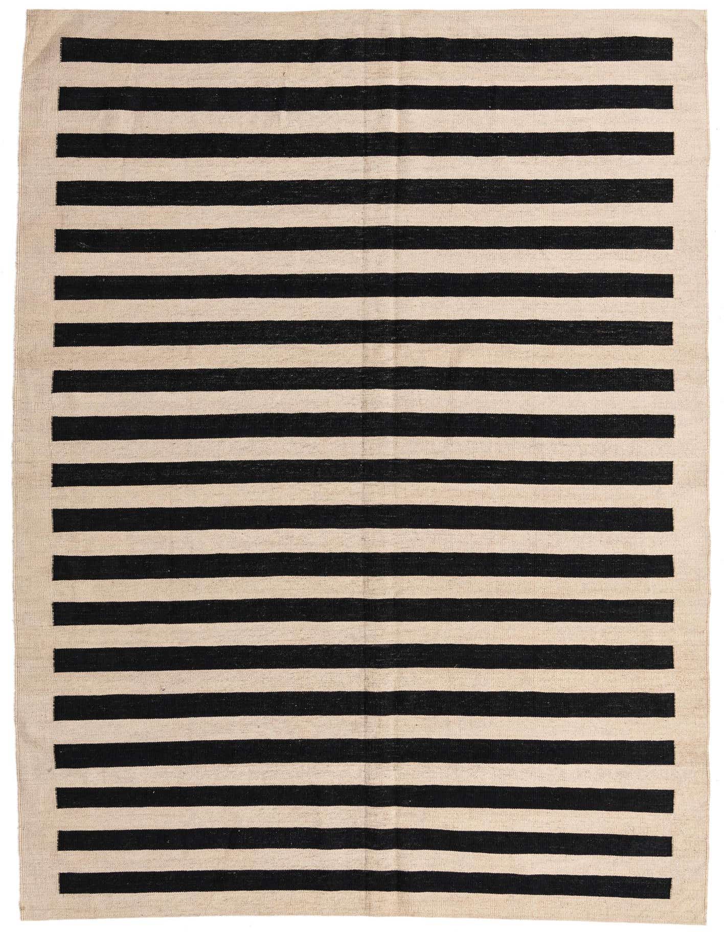 A 7x10 rectangular flatweave rug with bold black and ivory horizontal stripes, perfect for a modern living room.
