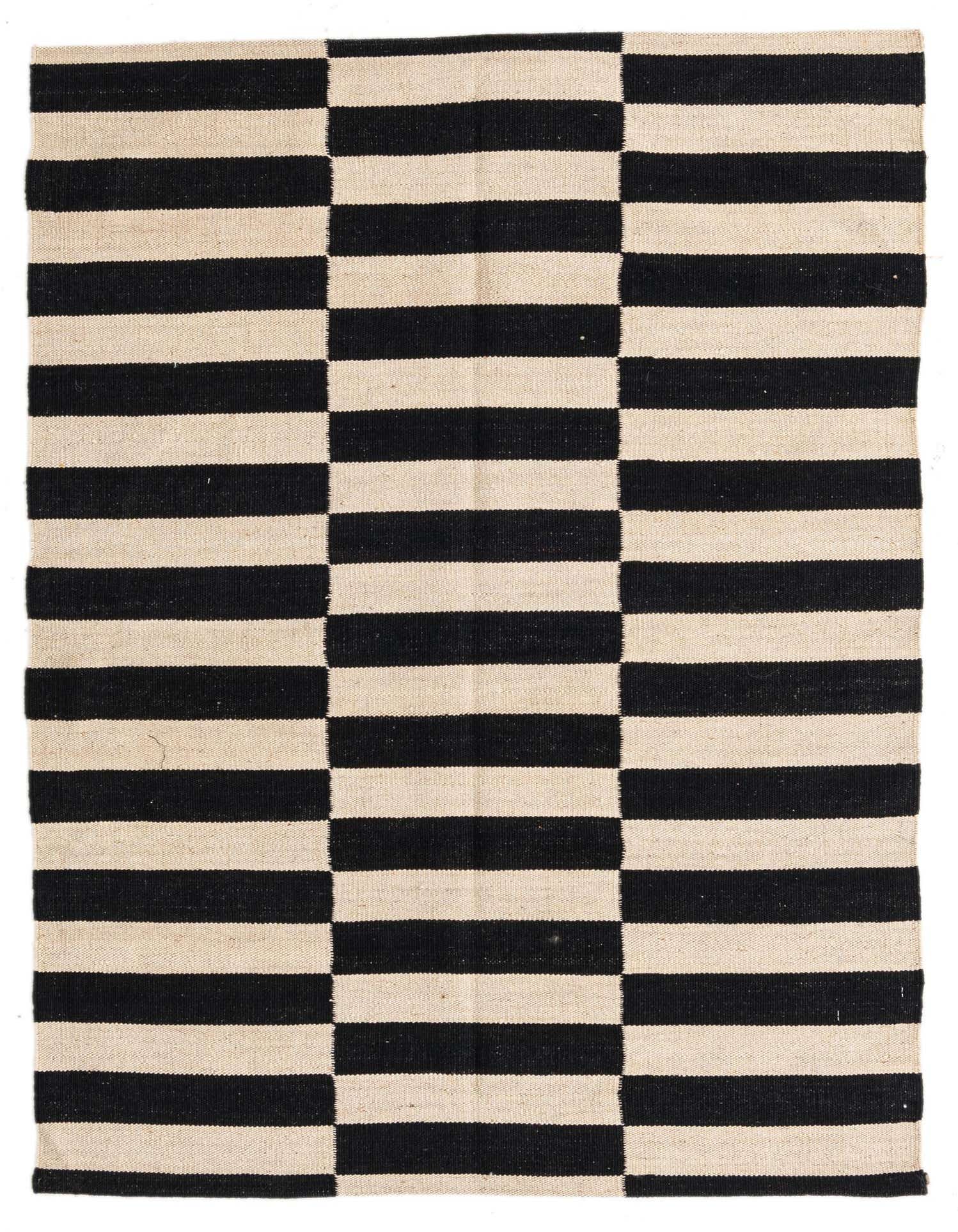 A 3x5 rectangular black and ivory flatweave rug with a modern tribal stripe pattern, suitable for an entryway.