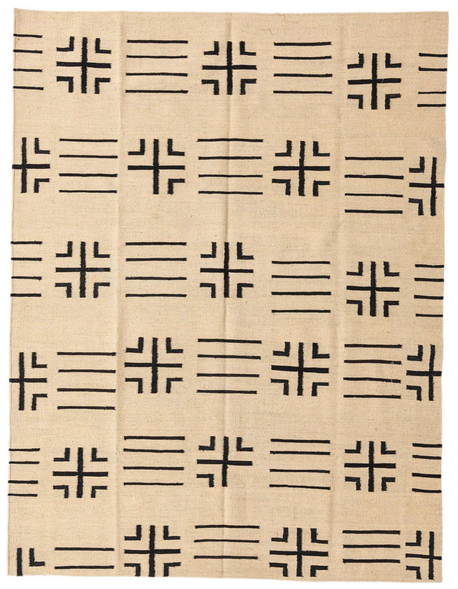 A 5x8 rectangular black and cream wool flatweave rug with a modern tribal pattern of alternating black abstract symbols and horizontal lines.