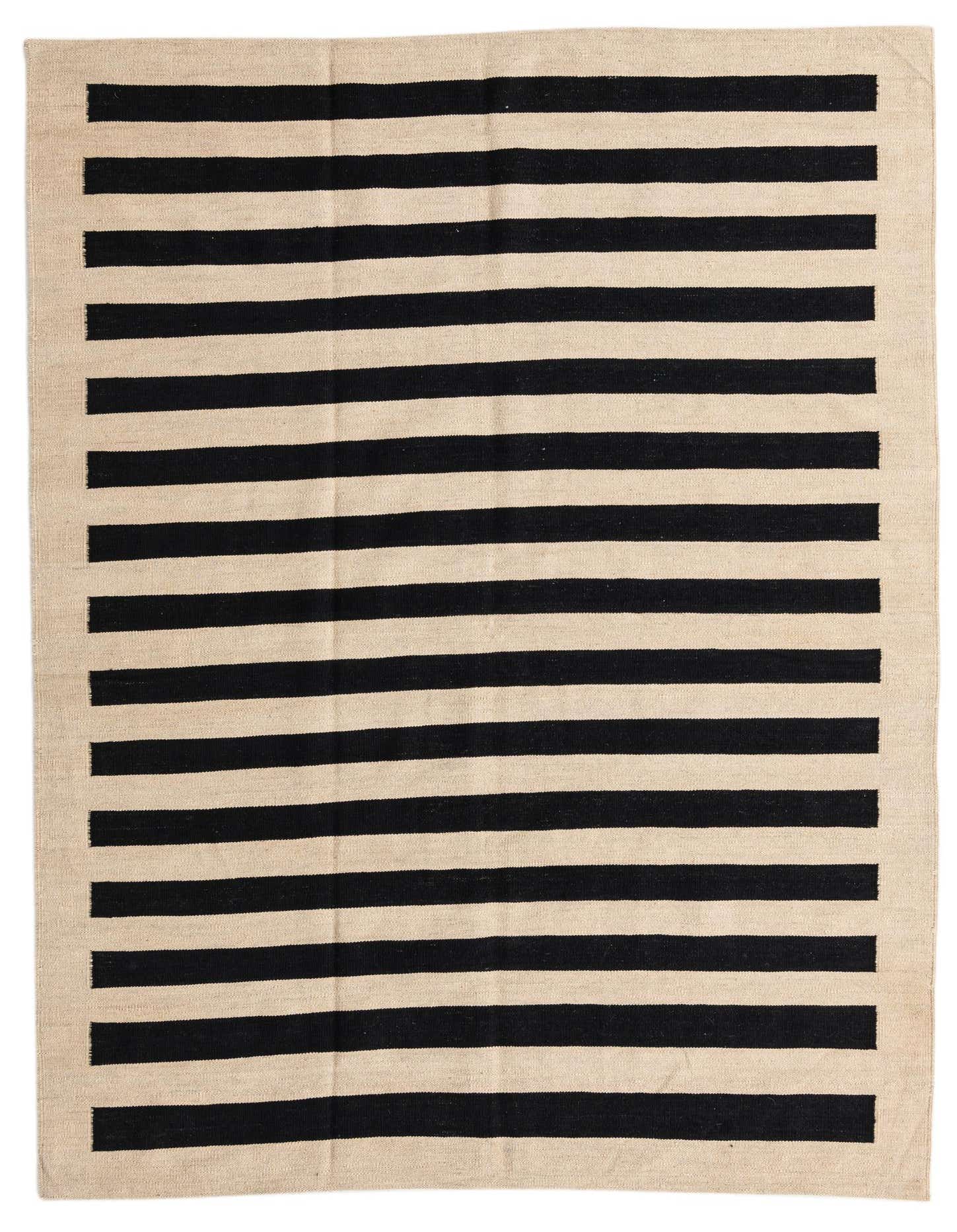 A 5x8 rectangular Kilim Modern rug from Rugs.com featuring bold black and cream horizontal stripes, perfect for a living room.
