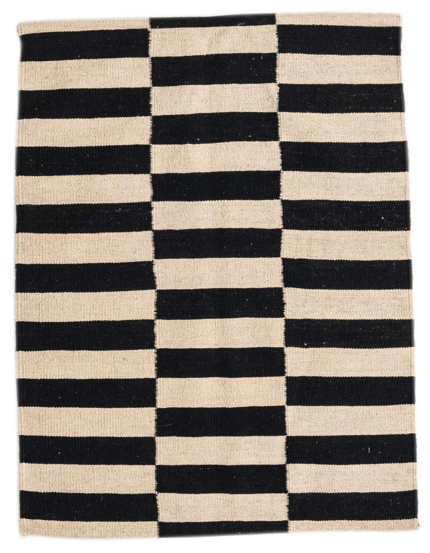 A 3x4 rectangular black and ivory flatweave rug with a modern tribal block stripe pattern, suitable for various indoor rooms.