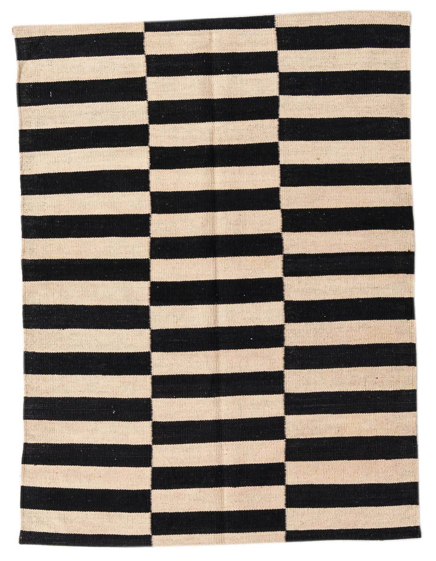 A 3x5 rectangular black and ivory flatweave wool rug with a modern tribal striped pattern, perfect for an entryway.