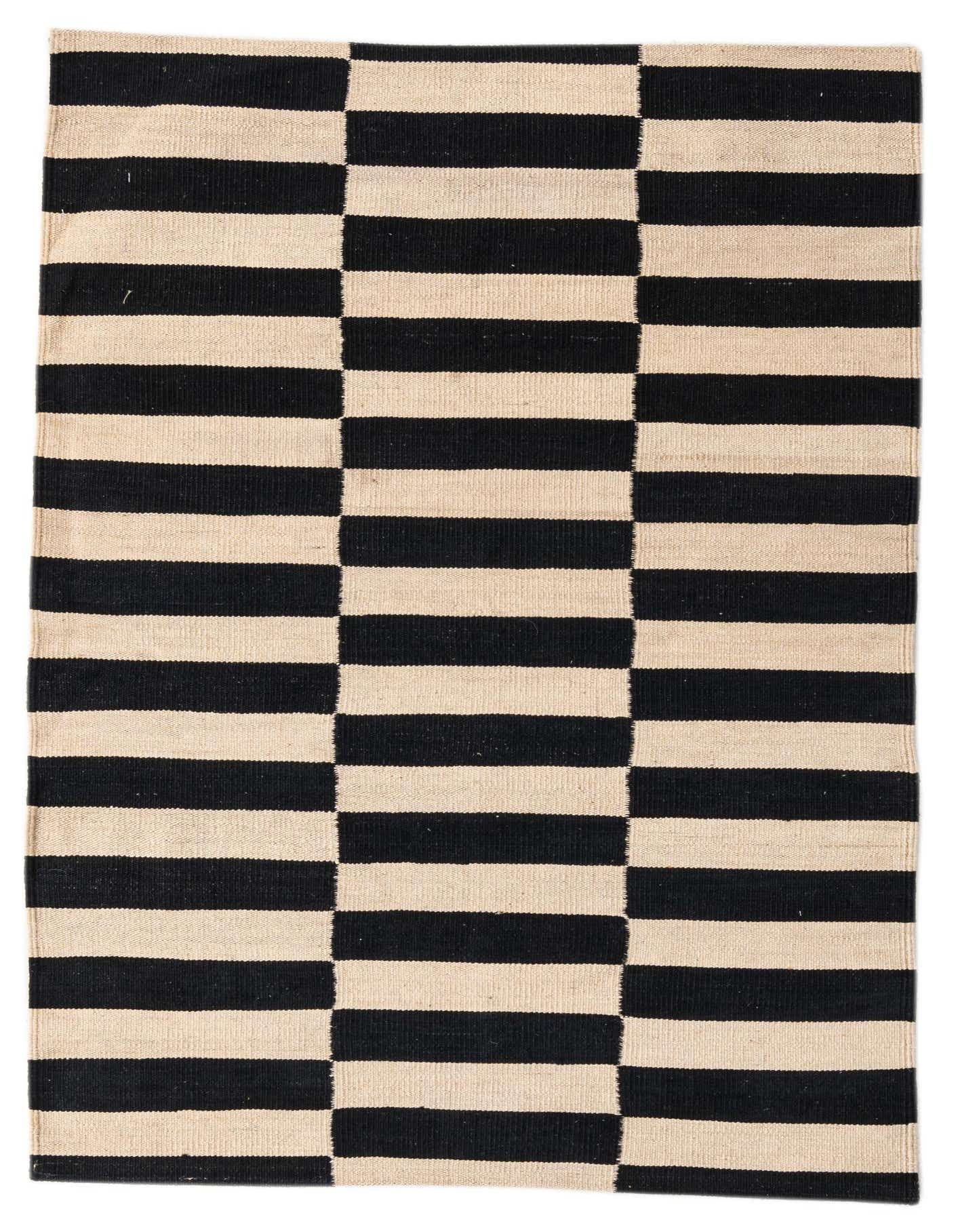 A 3x5 rectangular black and ivory flatweave rug with a modern tribal stripe pattern, suitable for a kitchen or entryway.