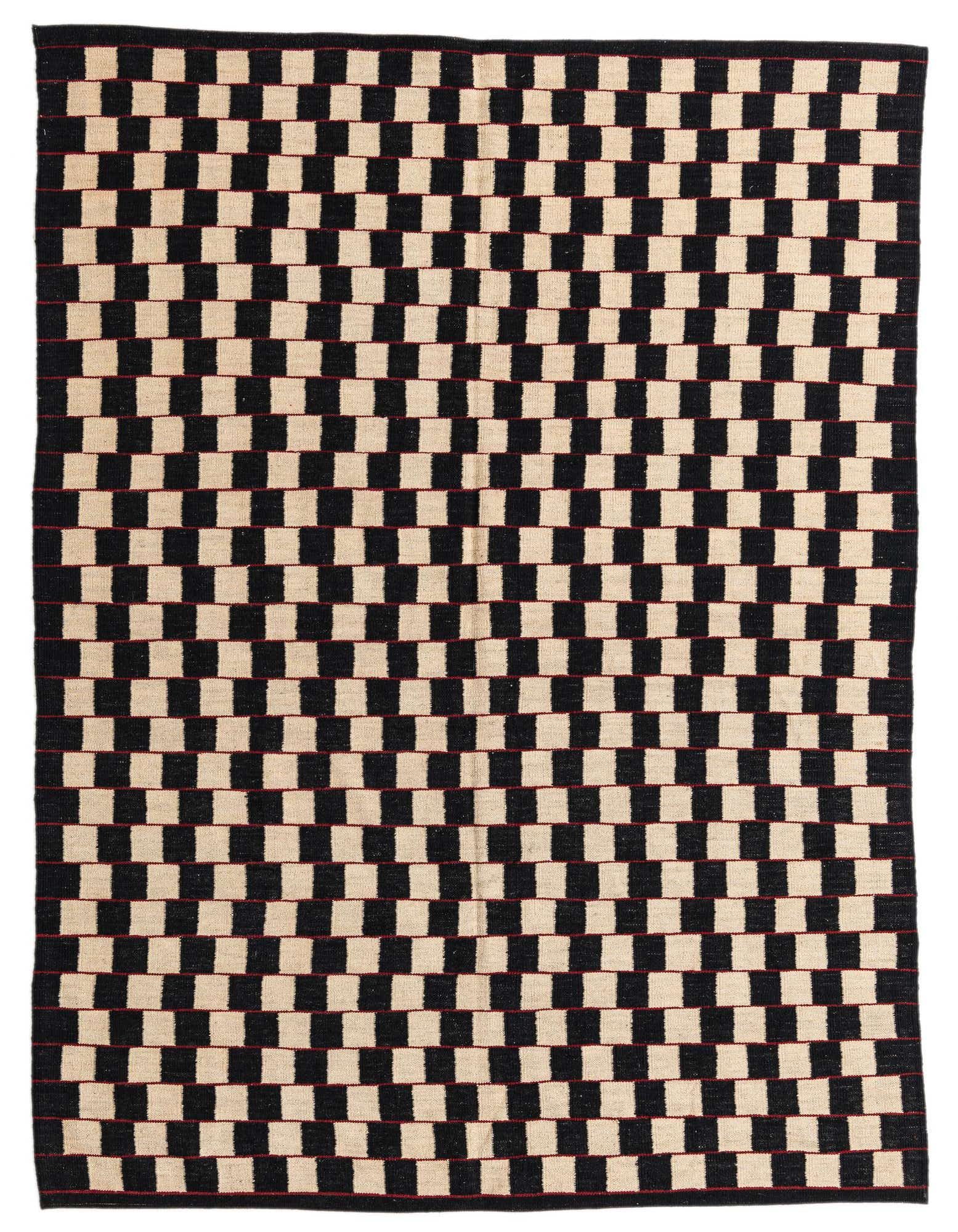 A 5x8 rectangular black and cream flatweave rug with a modern tribal checkerboard pattern, suitable for a living room.