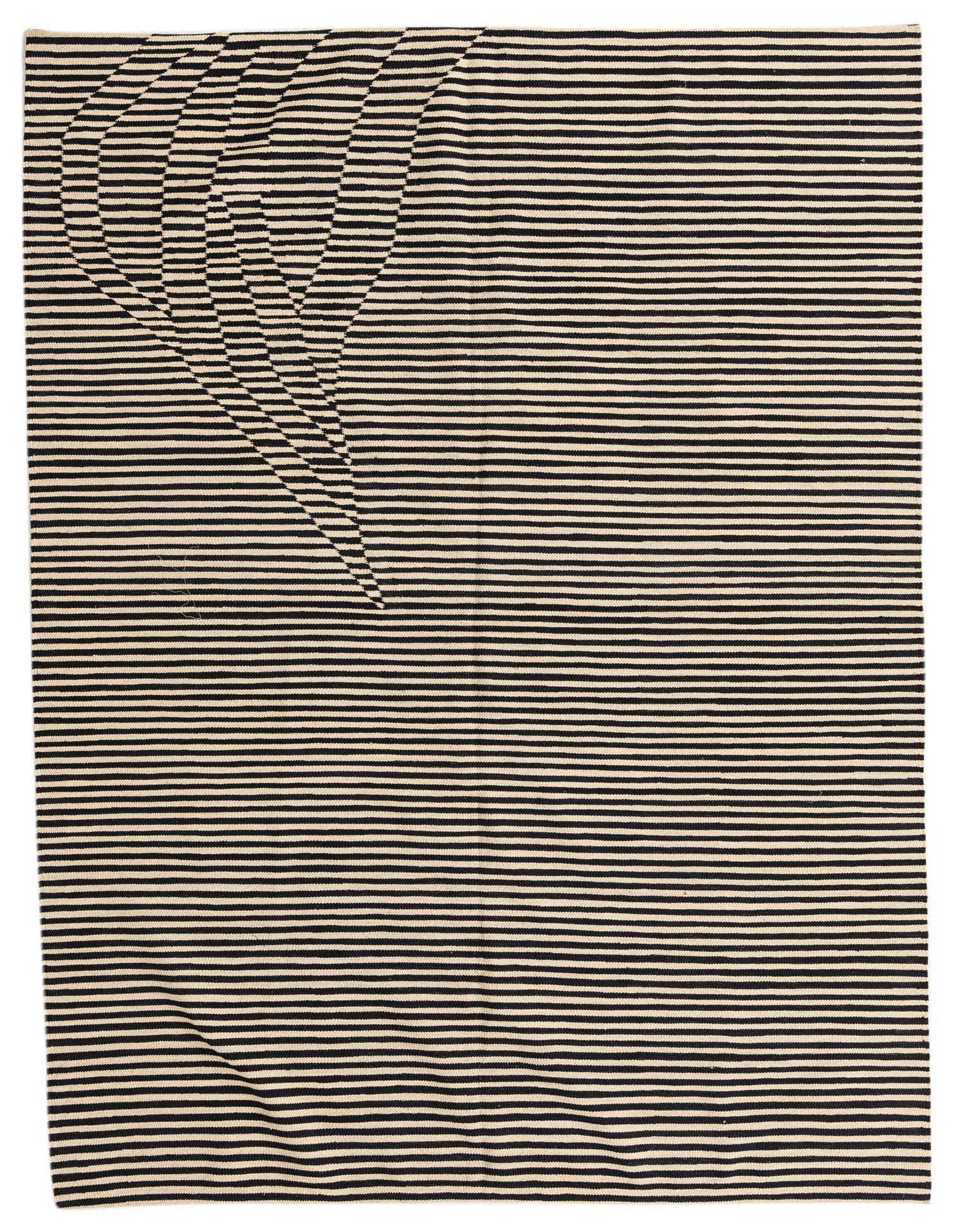 A 5x8 rectangular black and cream flatweave wool rug with horizontal stripes and a modern tribal wave pattern on the left side.