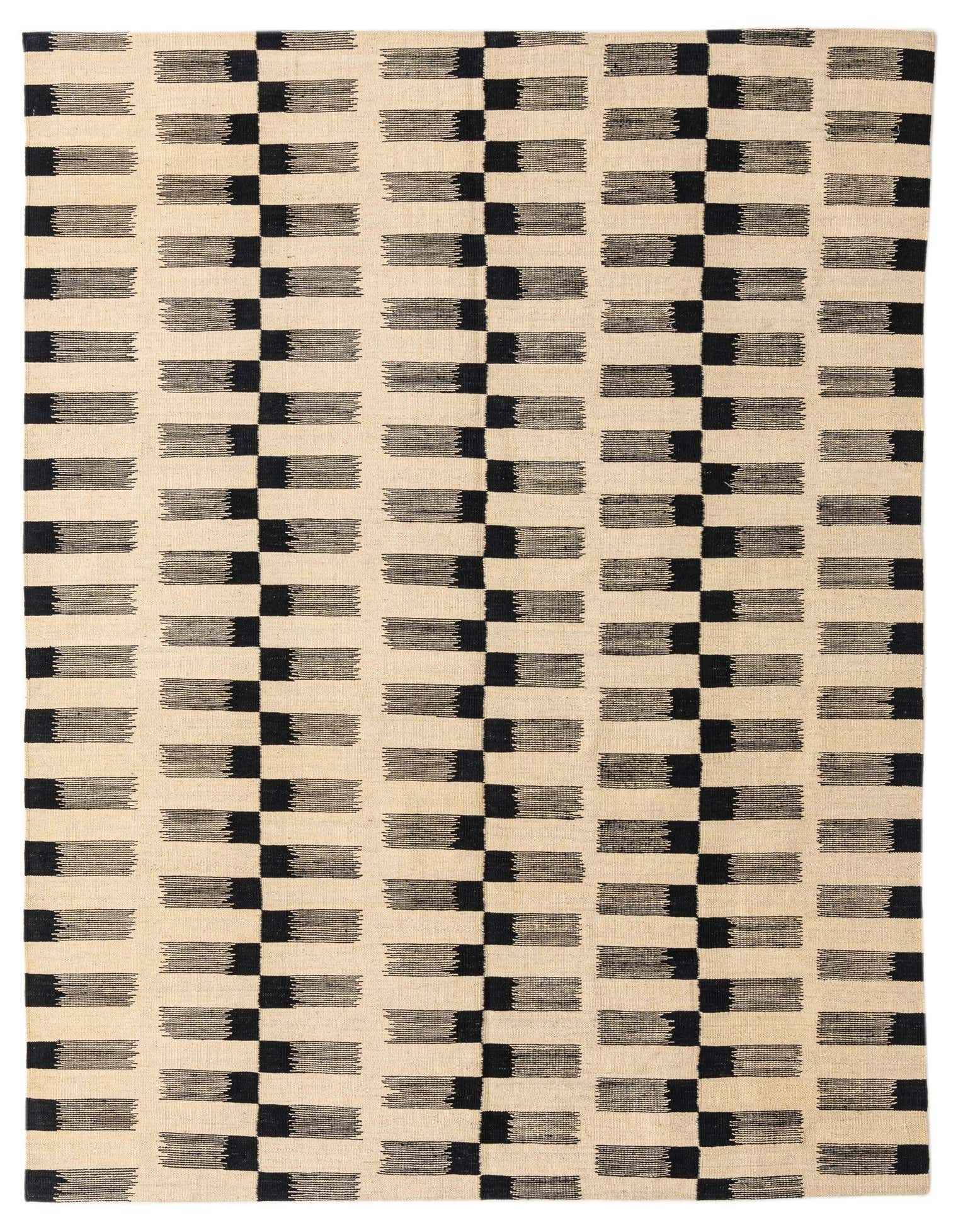 A 5x8 rectangular black and cream flatweave wool rug with a modern tribal stripe pattern.