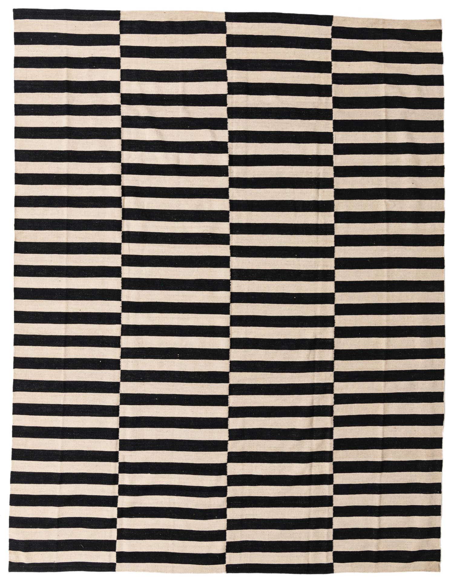 An 8x11 rectangular Kilim Modern rug featuring bold black and cream horizontal stripes in a tribal, modern pattern.