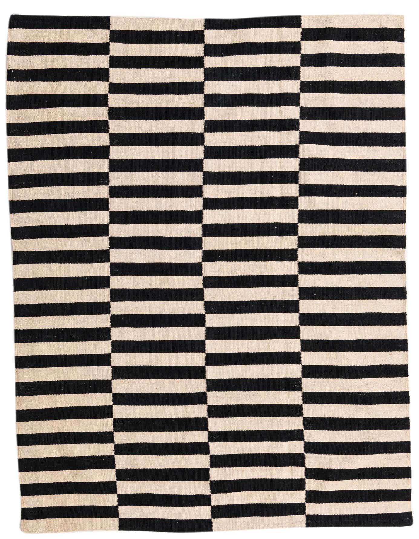 A 5x8 rectangular black and cream flatweave rug with a bold, modern striped pattern, ideal for a living room or dining area.