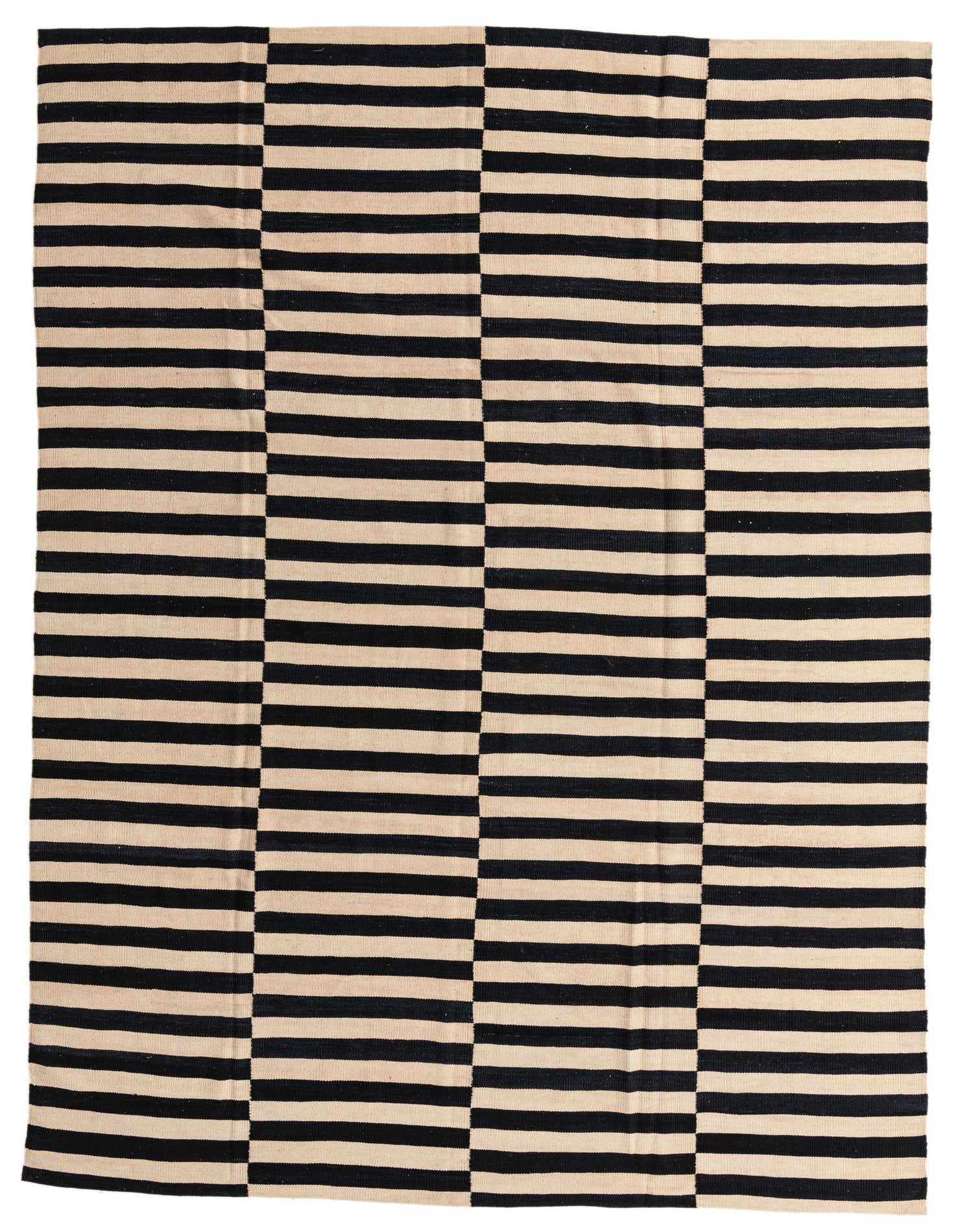 An 8x11 rectangular Kilim Modern rug featuring bold black and cream horizontal stripes in a tribal pattern.