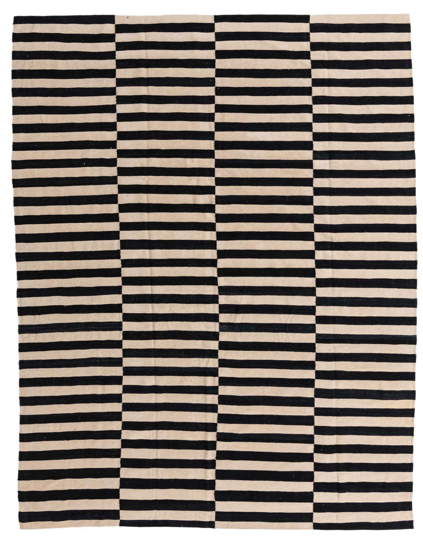 A rectangular 8x11 Kilim Modern wool rug featuring a bold black and cream striped tribal pattern.