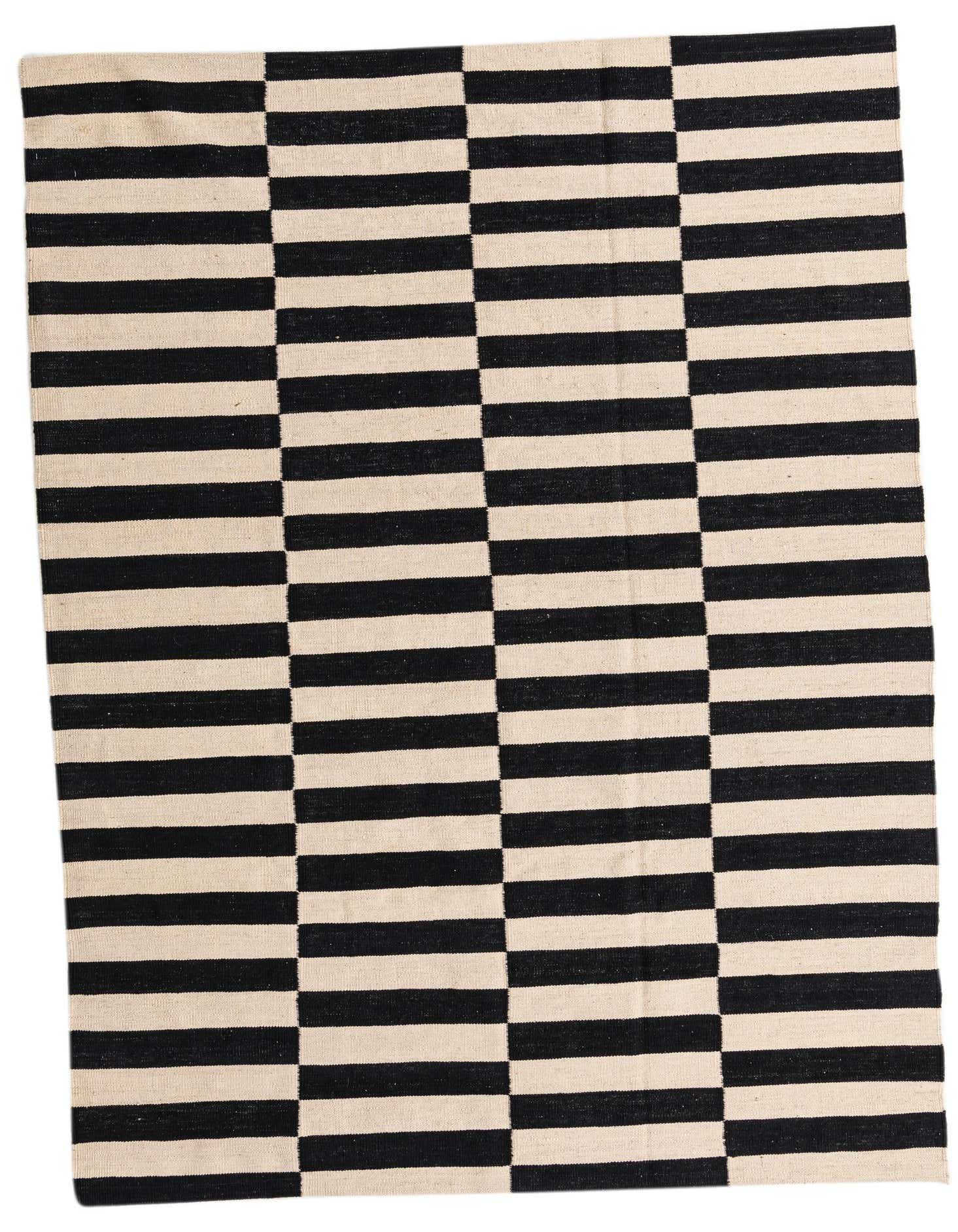 A 5x8 rectangular black and ivory flatweave rug featuring a modern tribal stripe pattern, perfect for a living room.