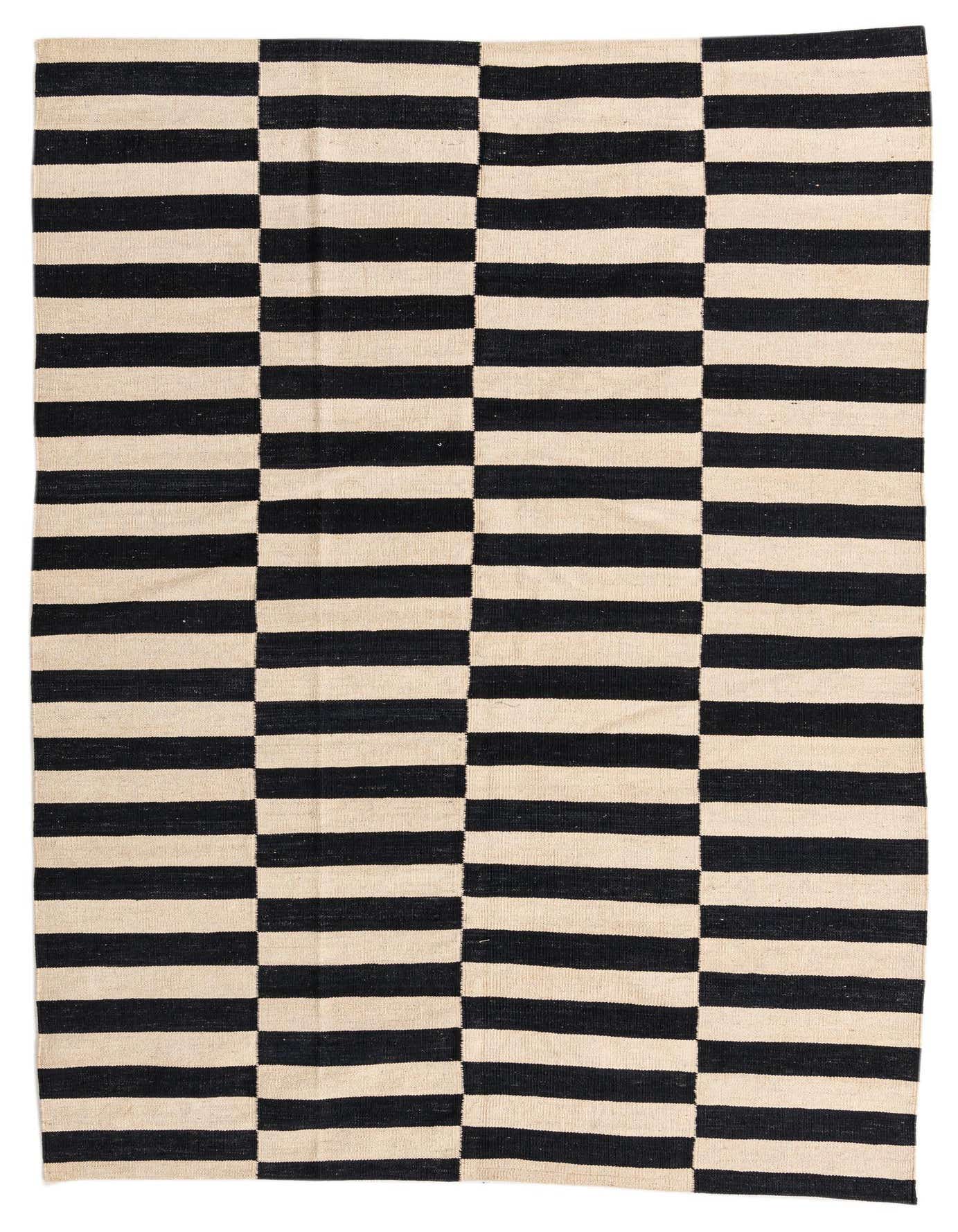 A 5x8 rectangular black and ivory flatweave rug featuring a bold, alternating horizontal stripe pattern, perfect for a modern living room.