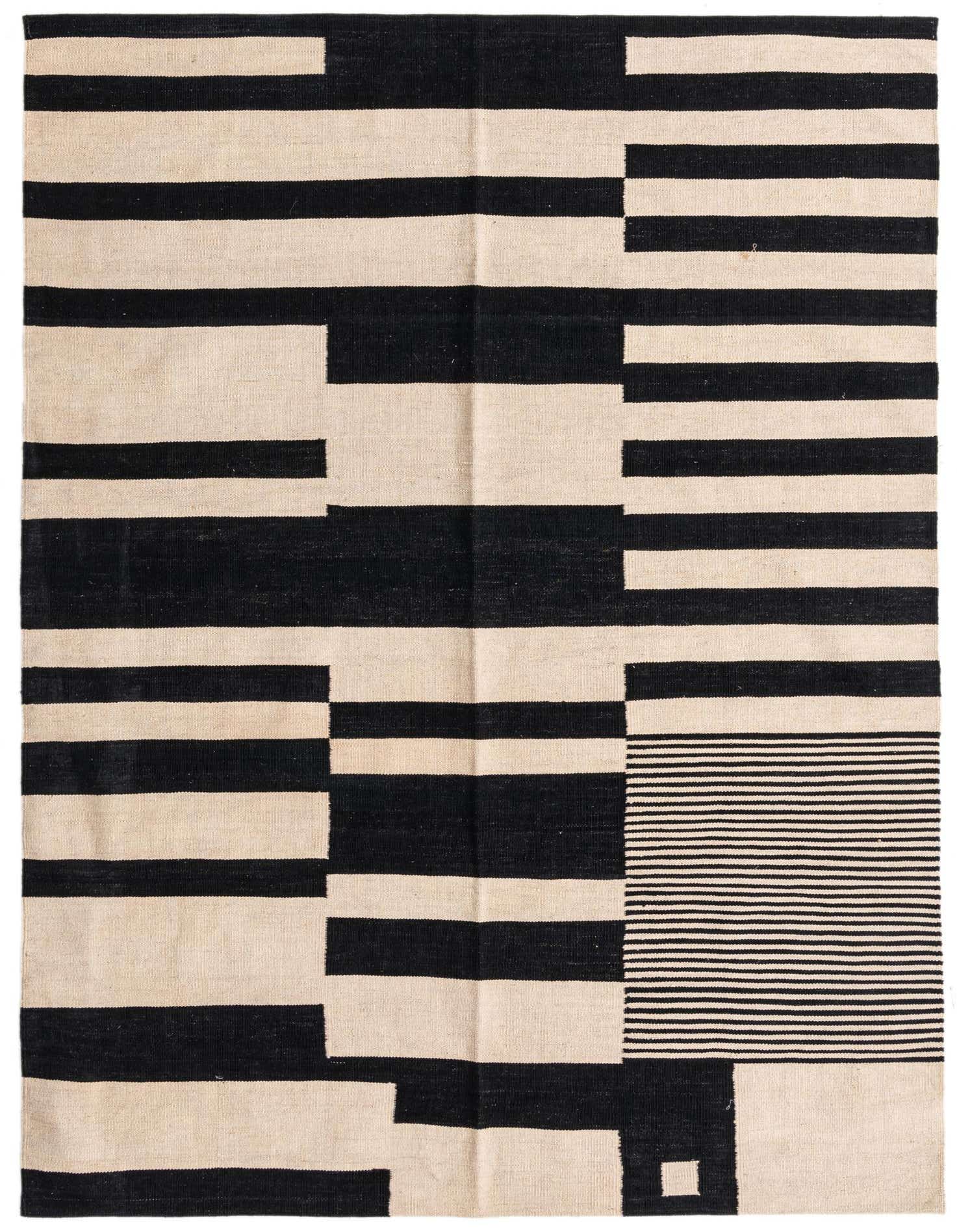A 5x8 rectangular black and ivory flatweave wool rug featuring a modern tribal stripe pattern with varying block and line designs.