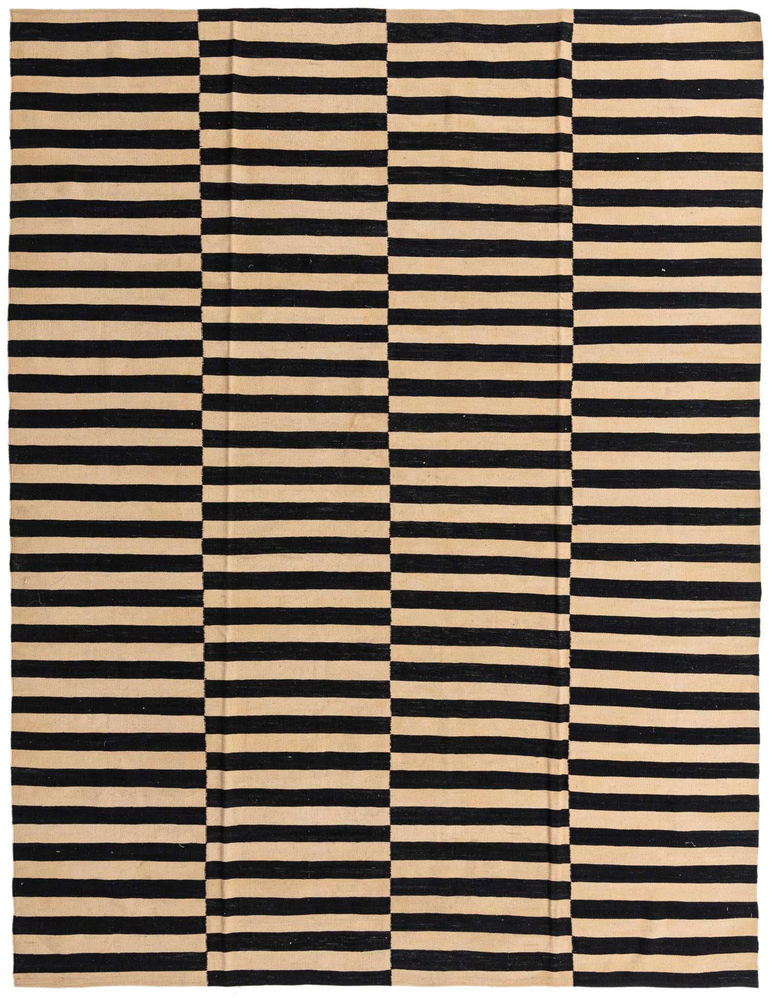 A rectangular 8x11 Kilim Modern rug featuring bold black and cream horizontal stripes in a tribal, modern pattern.
