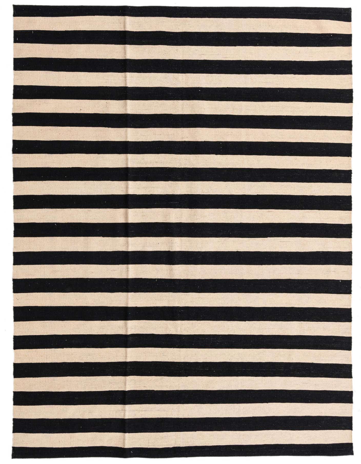 A 5x8 rectangular Kilim Modern rug with bold black and cream horizontal stripes, suitable for a living room or entryway.