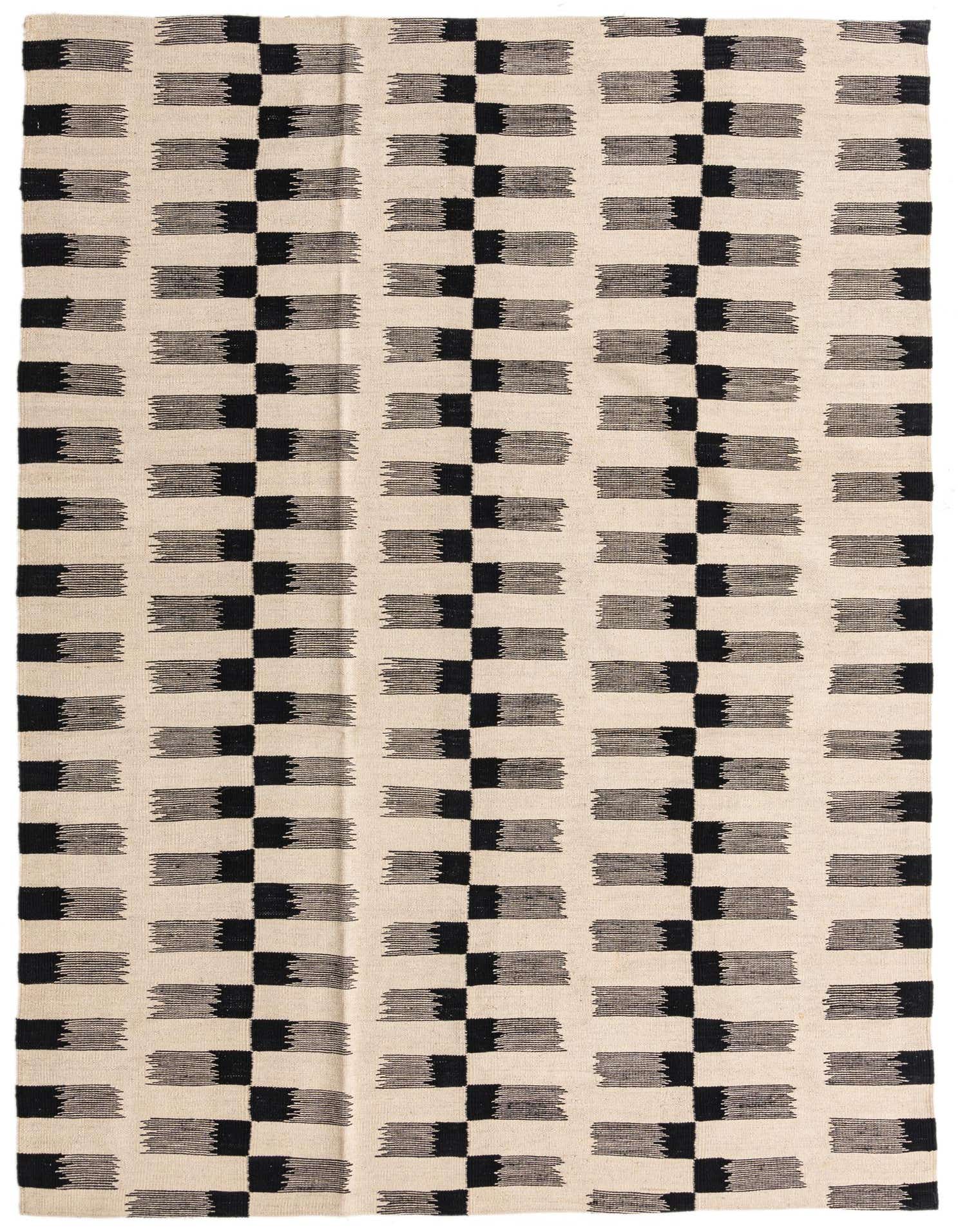 A 5x8 rectangular black and ivory flatweave wool rug with a modern tribal stripe pattern.