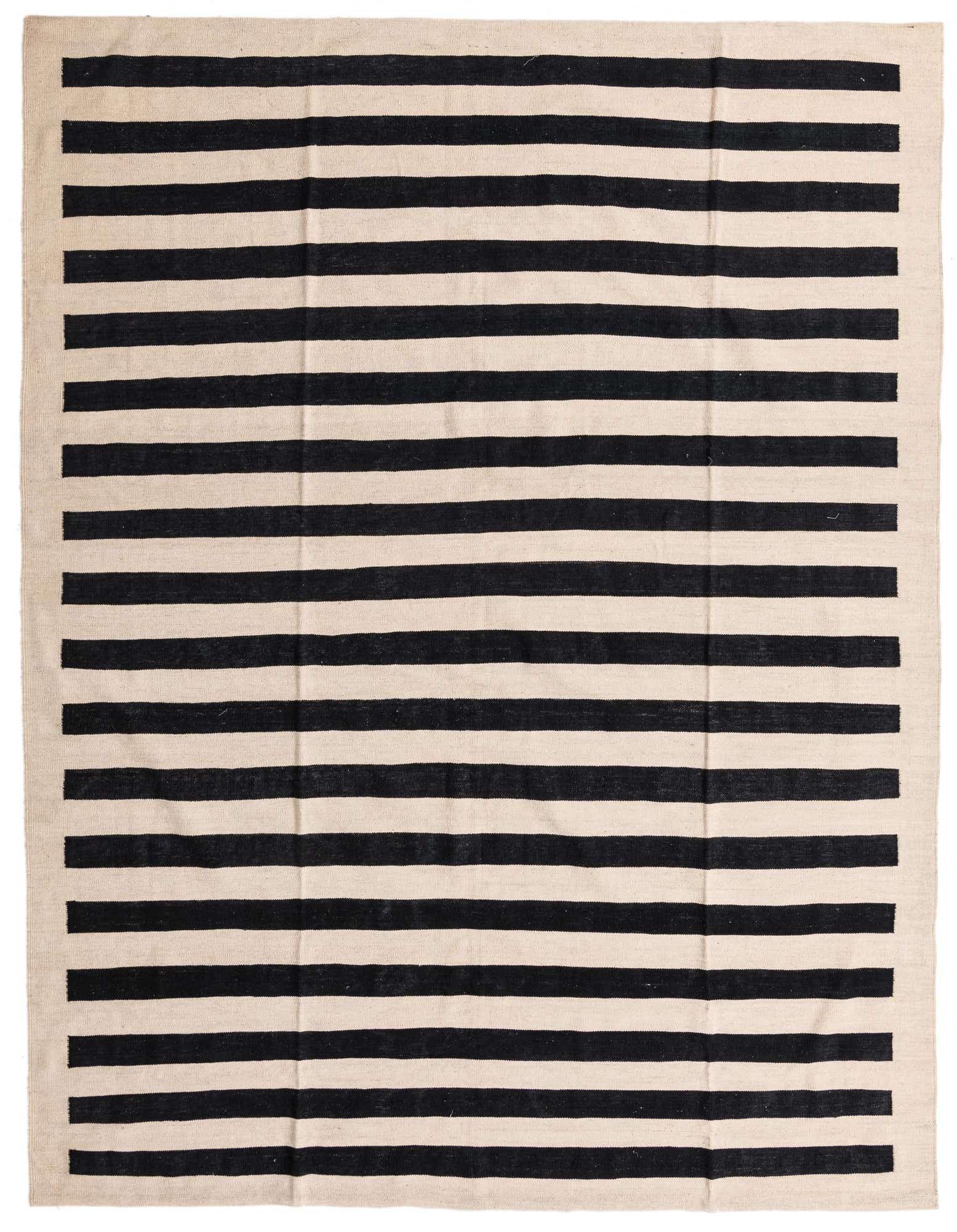 A rectangular 8x10 Kilim Modern rug featuring bold black and cream horizontal stripes, perfect for a living room.