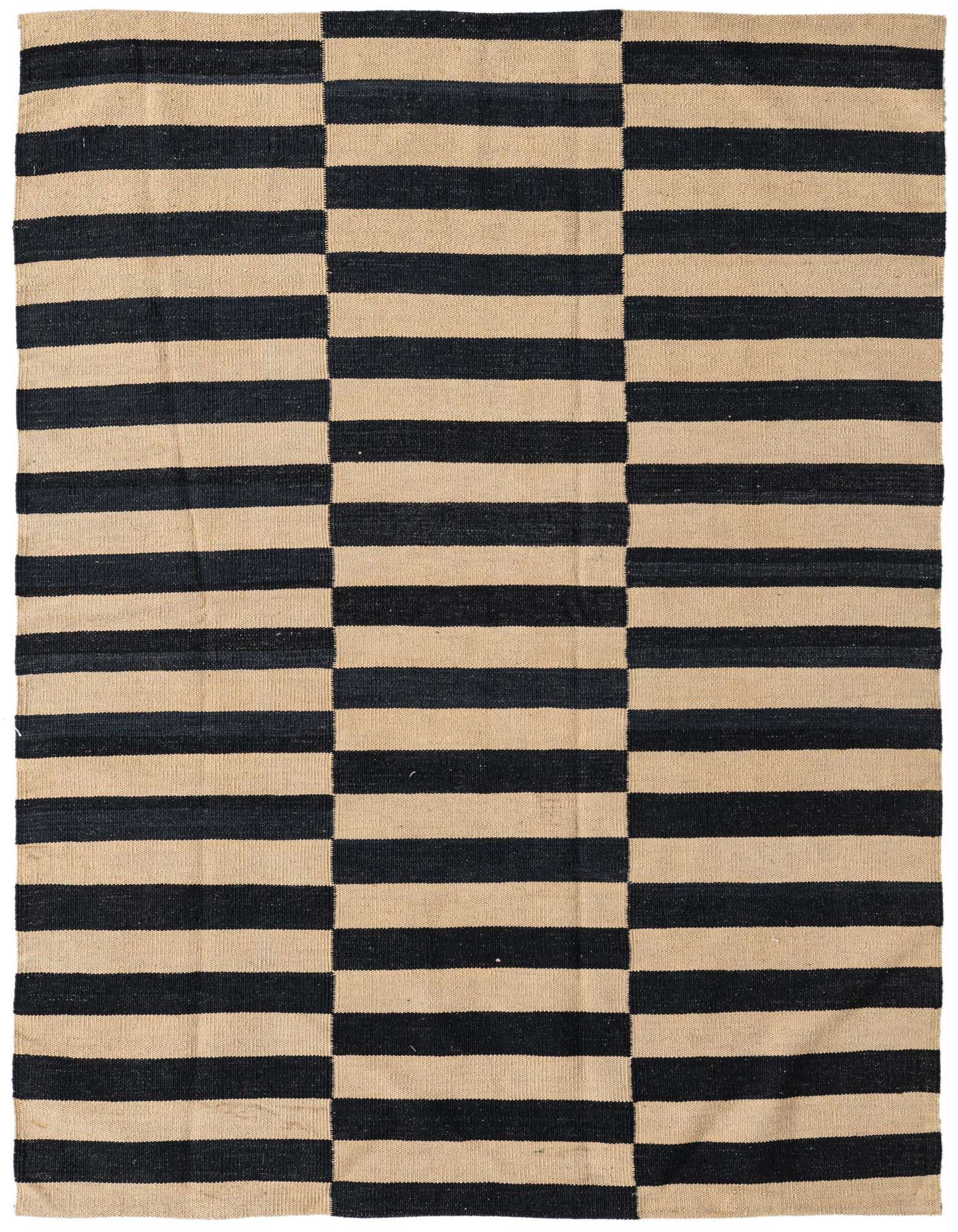 A 4x6 rectangular flatweave rug with a modern tribal stripe pattern in alternating black and natural ivory blocks.