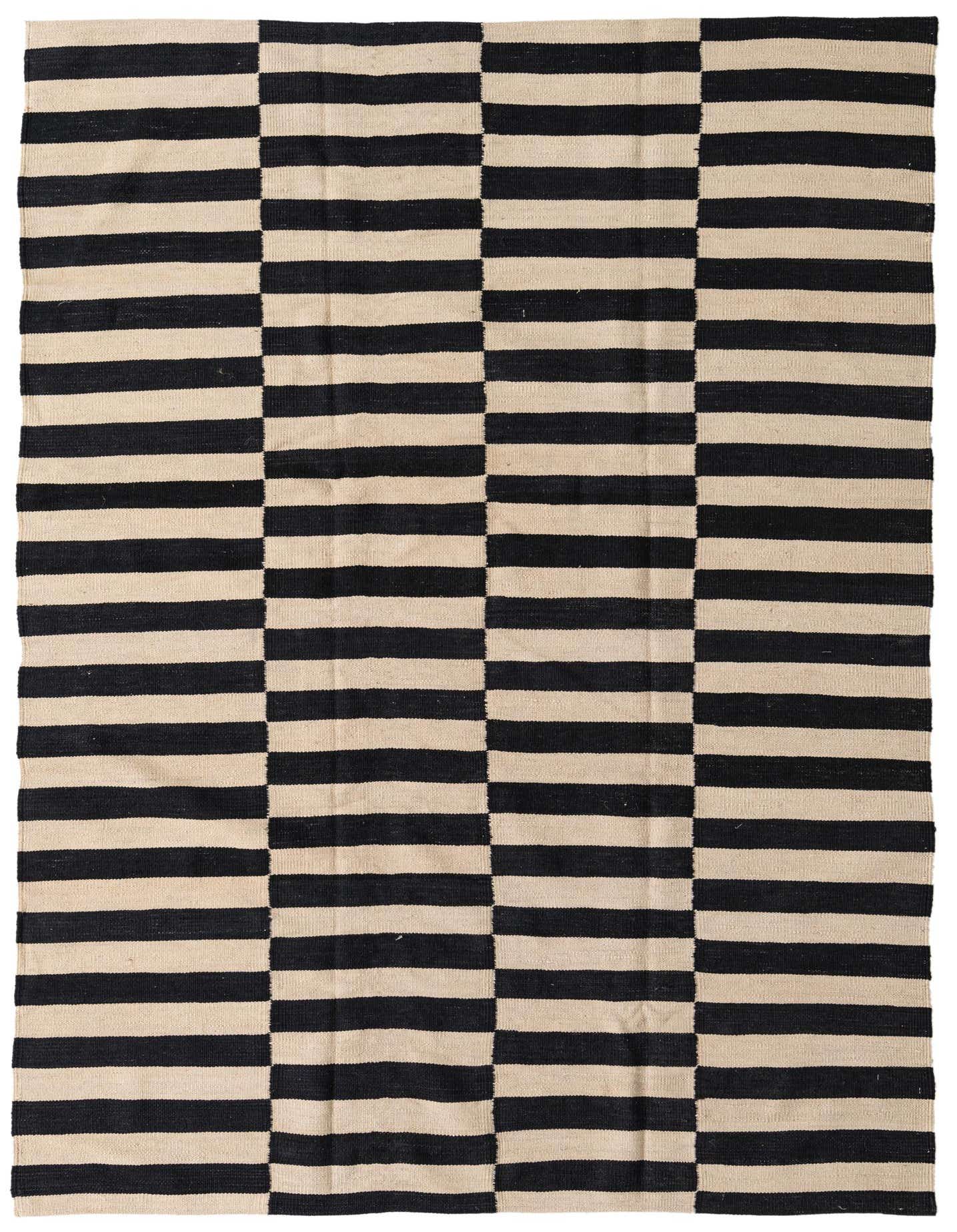 A 5x8 rectangular Kilim Modern rug with a black and cream striped pattern, featuring alternating horizontal and vertical blocks.