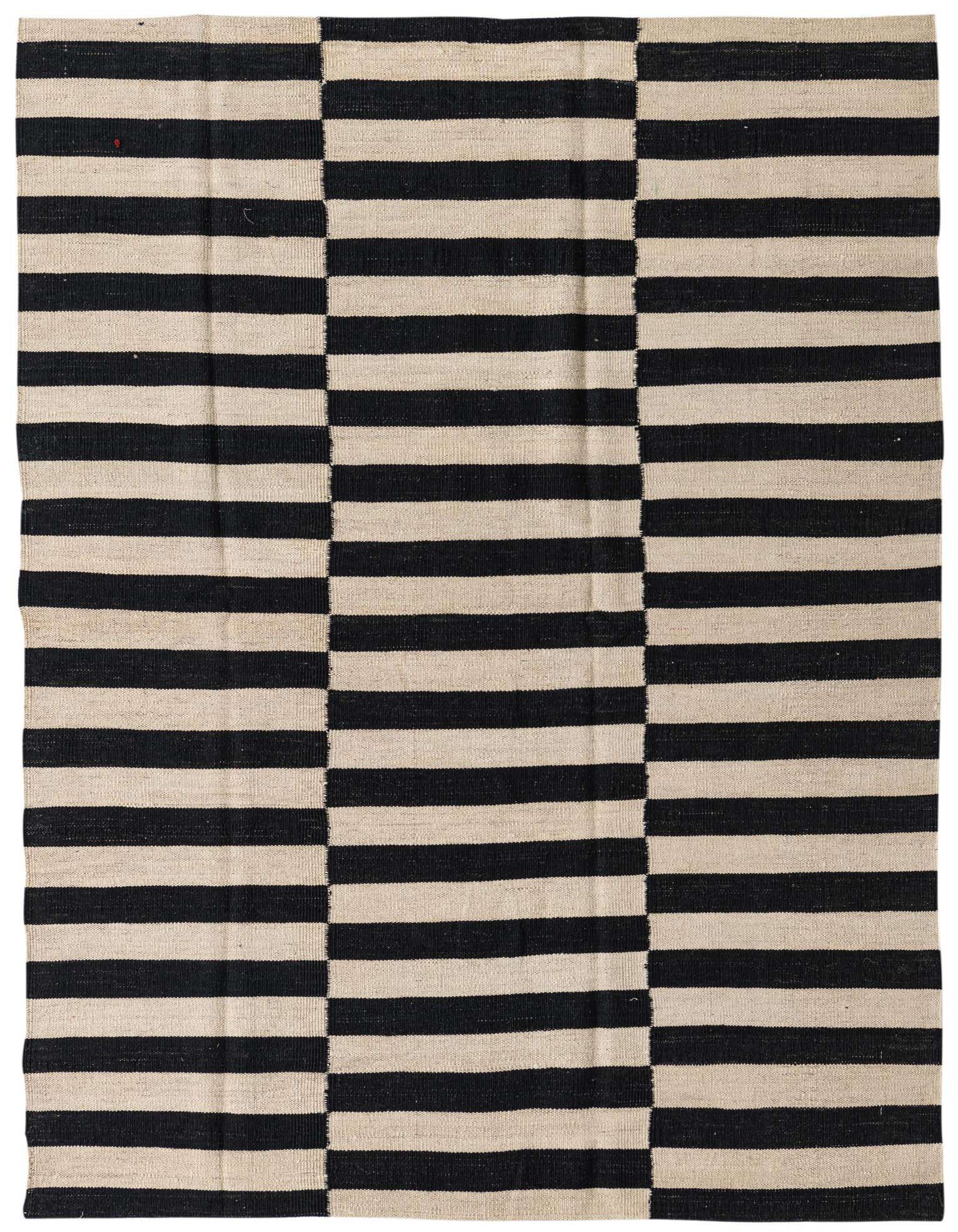 A 4x6 rectangular Kilim Modern wool rug with bold black and cream horizontal stripes, perfect for a living room.