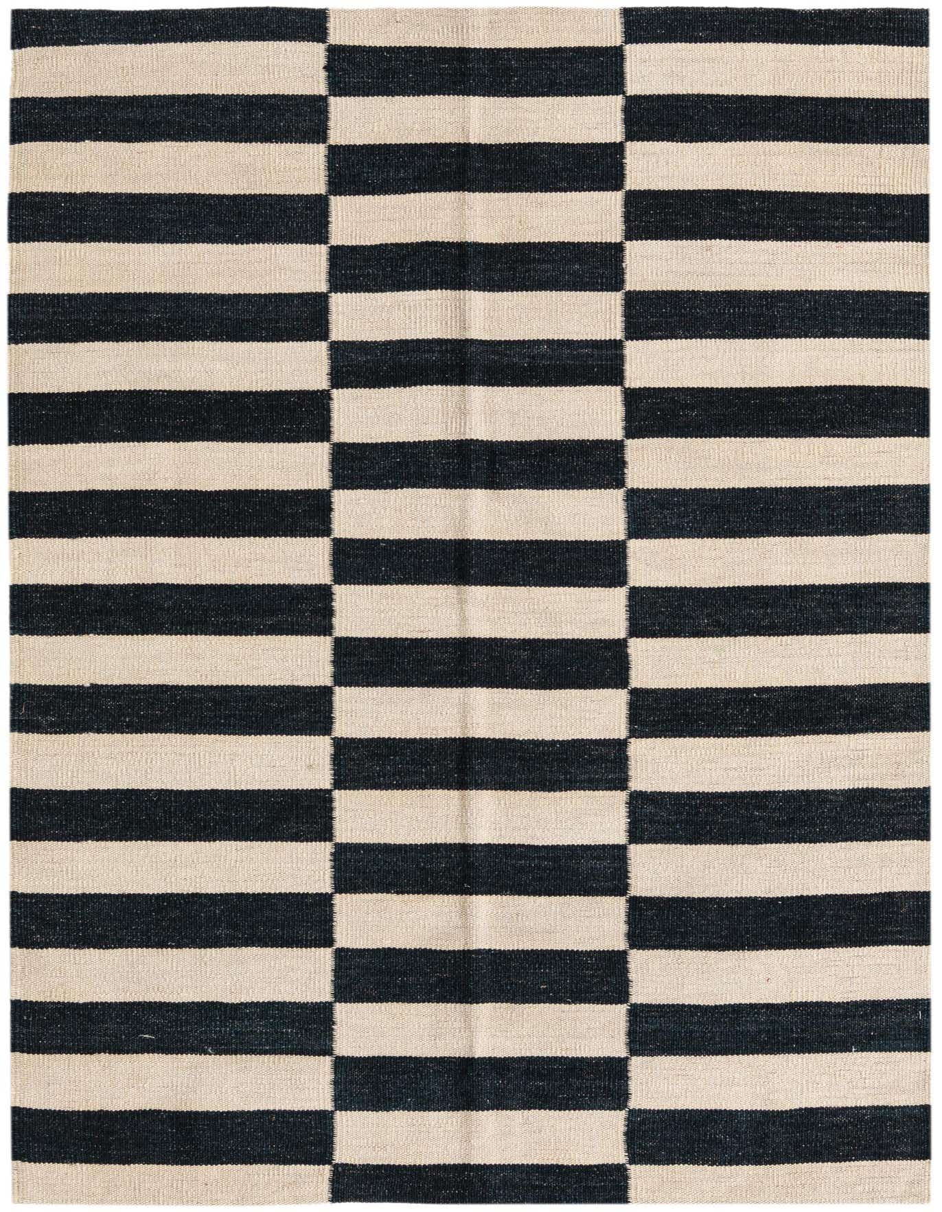 A 3x5 rectangular Kilim Modern wool rug featuring bold black and cream horizontal stripes in a tribal, modern pattern.