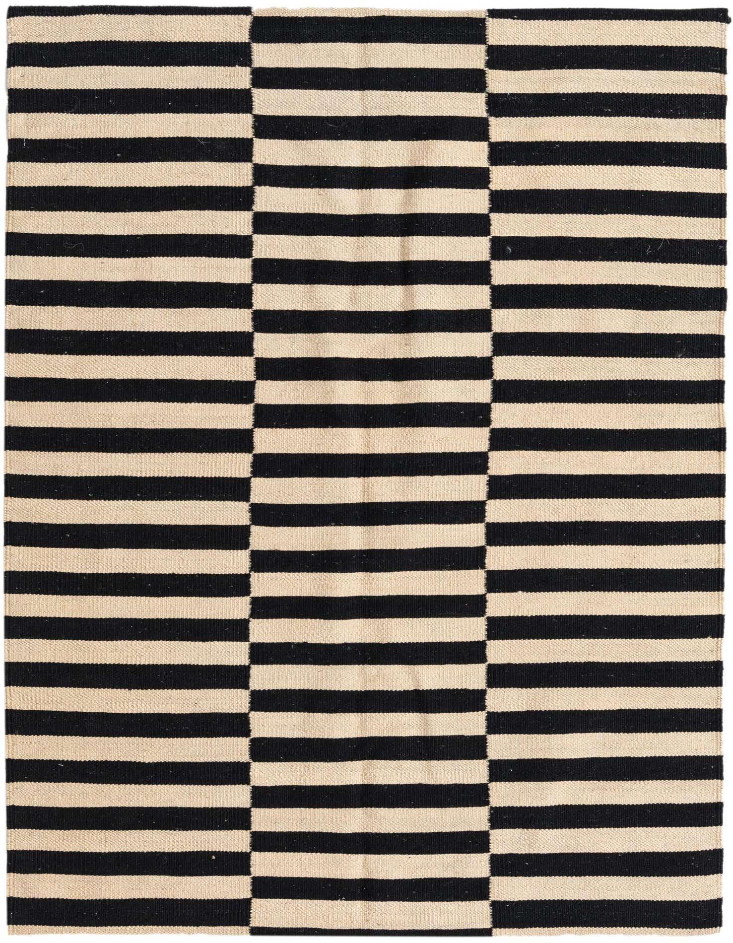 A 3x5 rectangular Kilim Modern rug with a bold black and ivory striped pattern, featuring a unique tribal-inspired offset design.