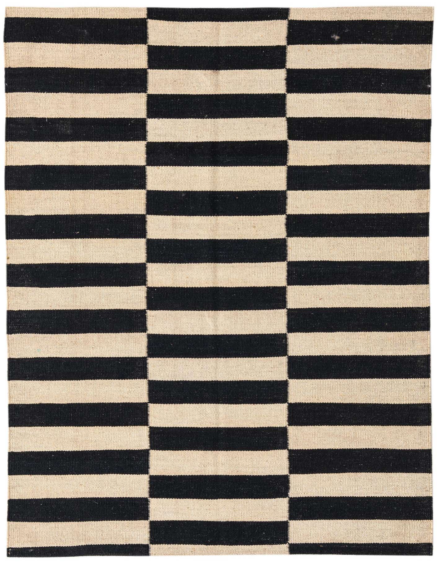 A 3x5 rectangular Kilim Modern wool rug with bold black and ivory horizontal stripes, arranged in a tribal, modern block pattern.