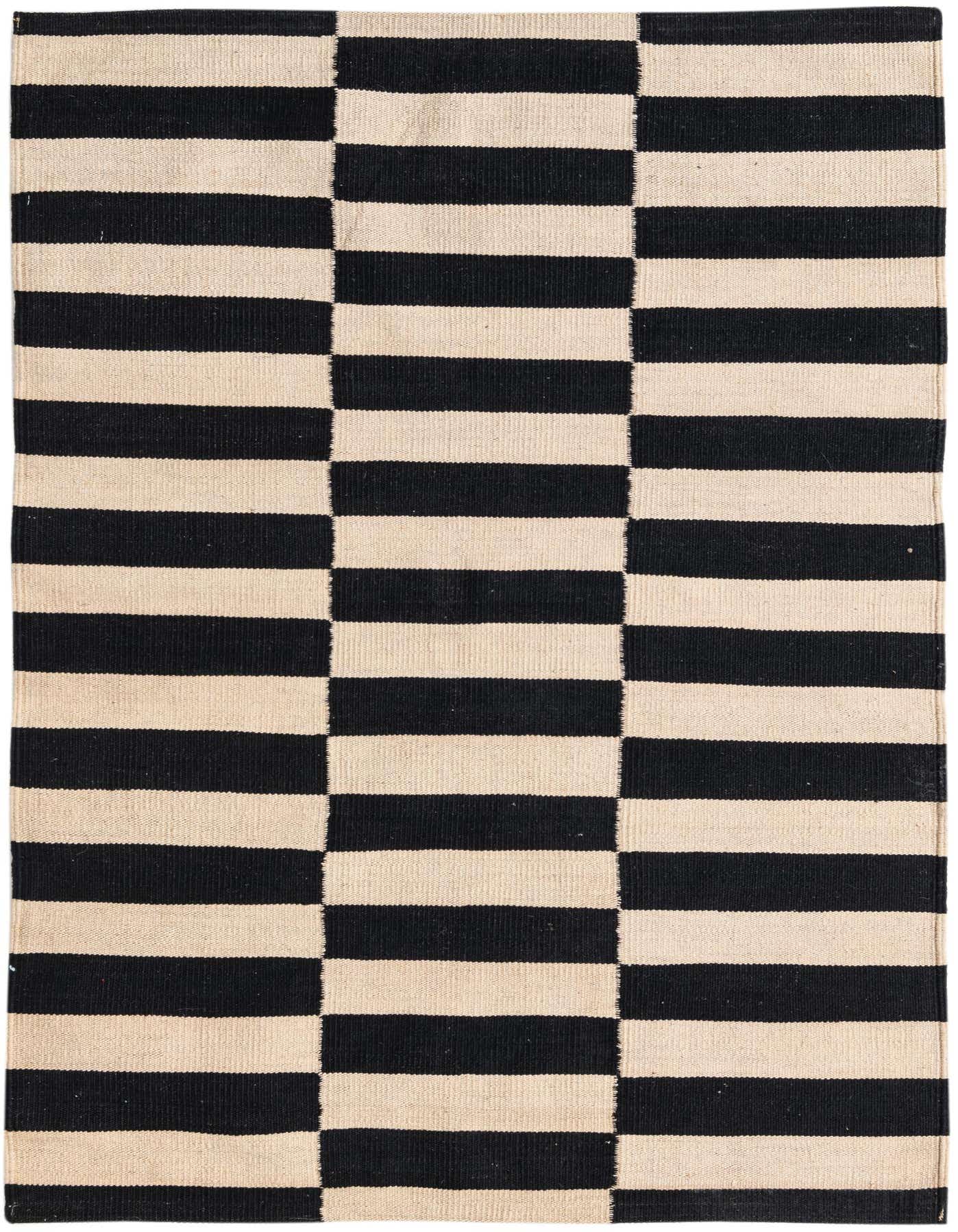 A 3x5 rectangular black and ivory flatweave wool rug with a modern tribal striped pattern, ideal for an entryway.