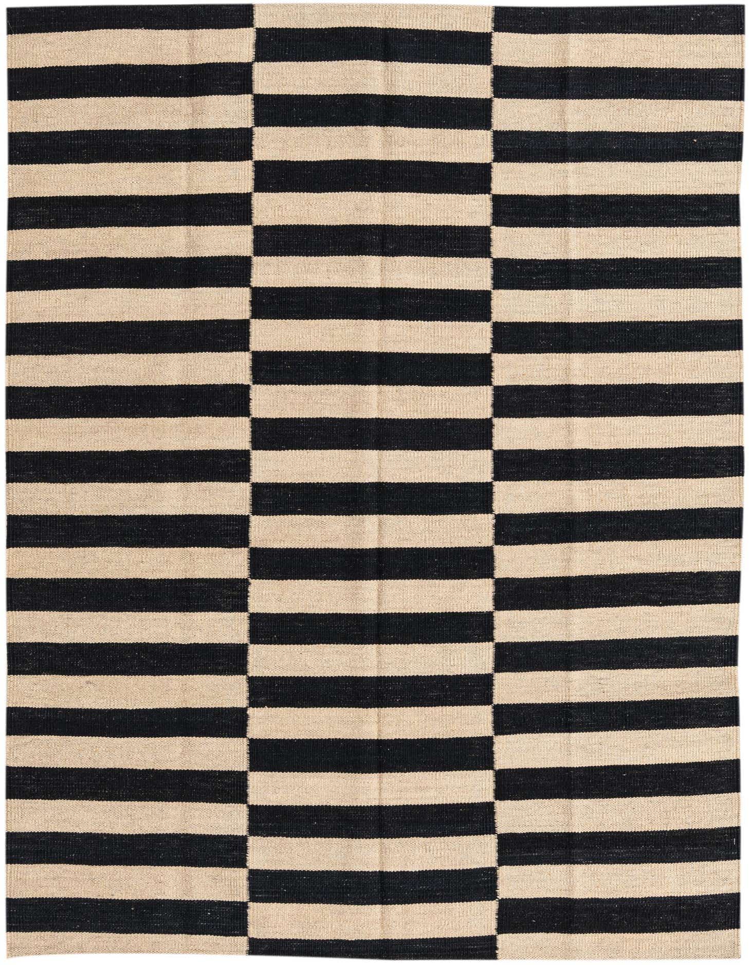 A 4x6 rectangular Kilim Modern rug with a bold black and cream striped pattern, perfect for a living room.