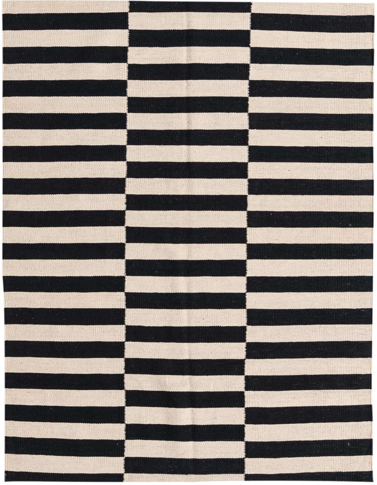 A 4x6 rectangular black and ivory striped flatweave rug with a modern tribal pattern, perfect for a living room.