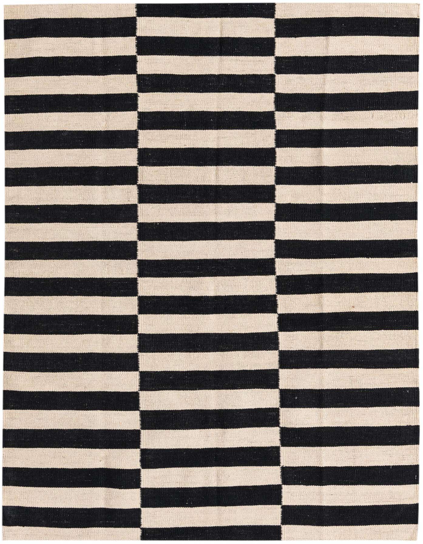 A 4x6 rectangular Kilim Modern rug with alternating black and cream horizontal stripes, creating a bold, modern tribal pattern.