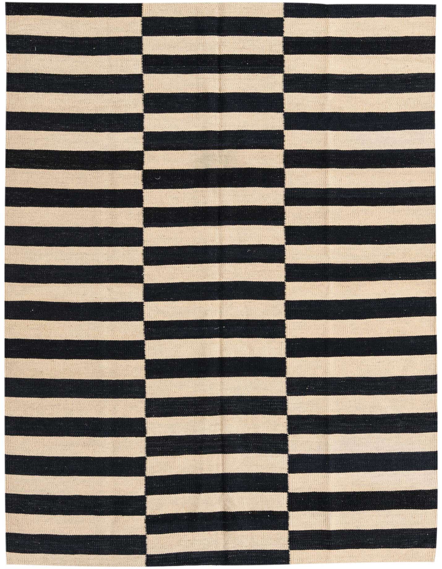 A 4x6 rectangular black and cream flatweave rug with a modern tribal striped pattern, suitable for a living room.