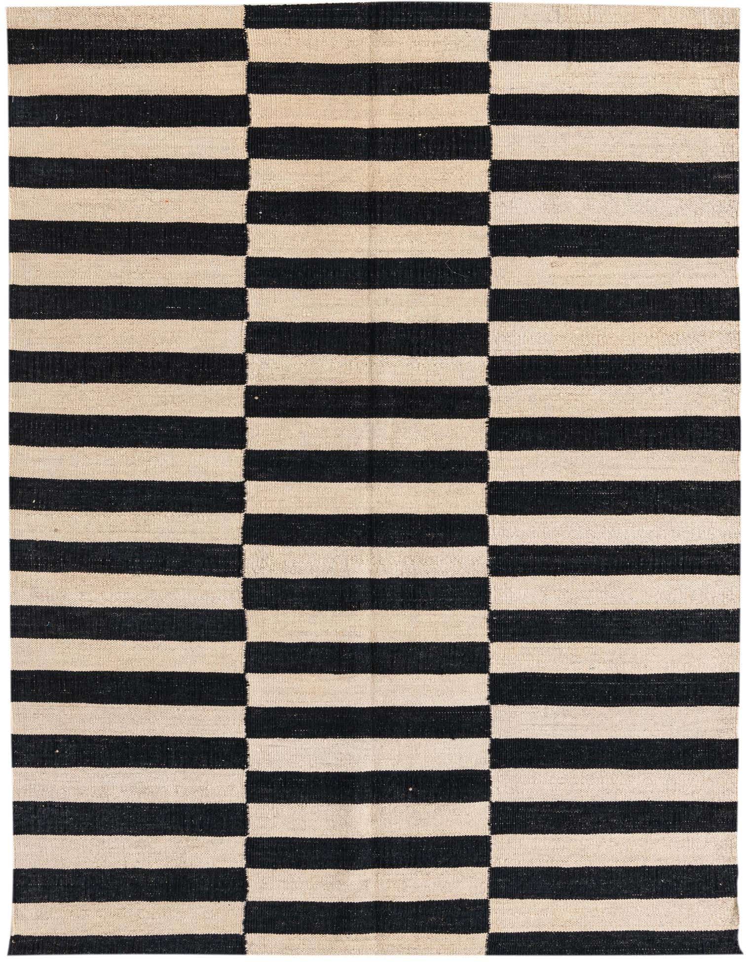 A 4x6 rectangular black and ivory flatweave rug with a modern tribal stripe pattern, suitable for a living room.