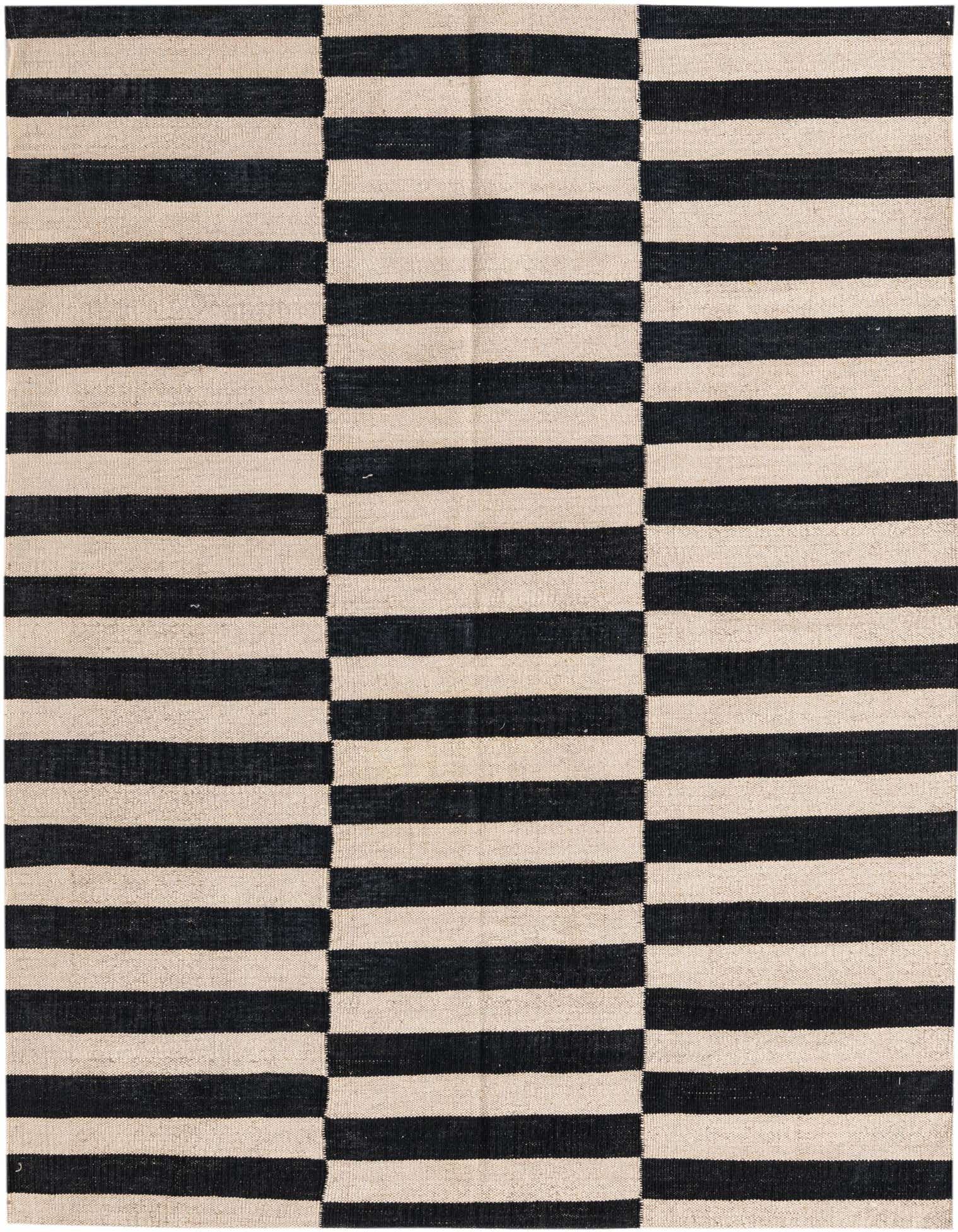 A 4x6 rectangular flatweave wool rug featuring a bold black and cream striped pattern, perfect for a modern living room.
