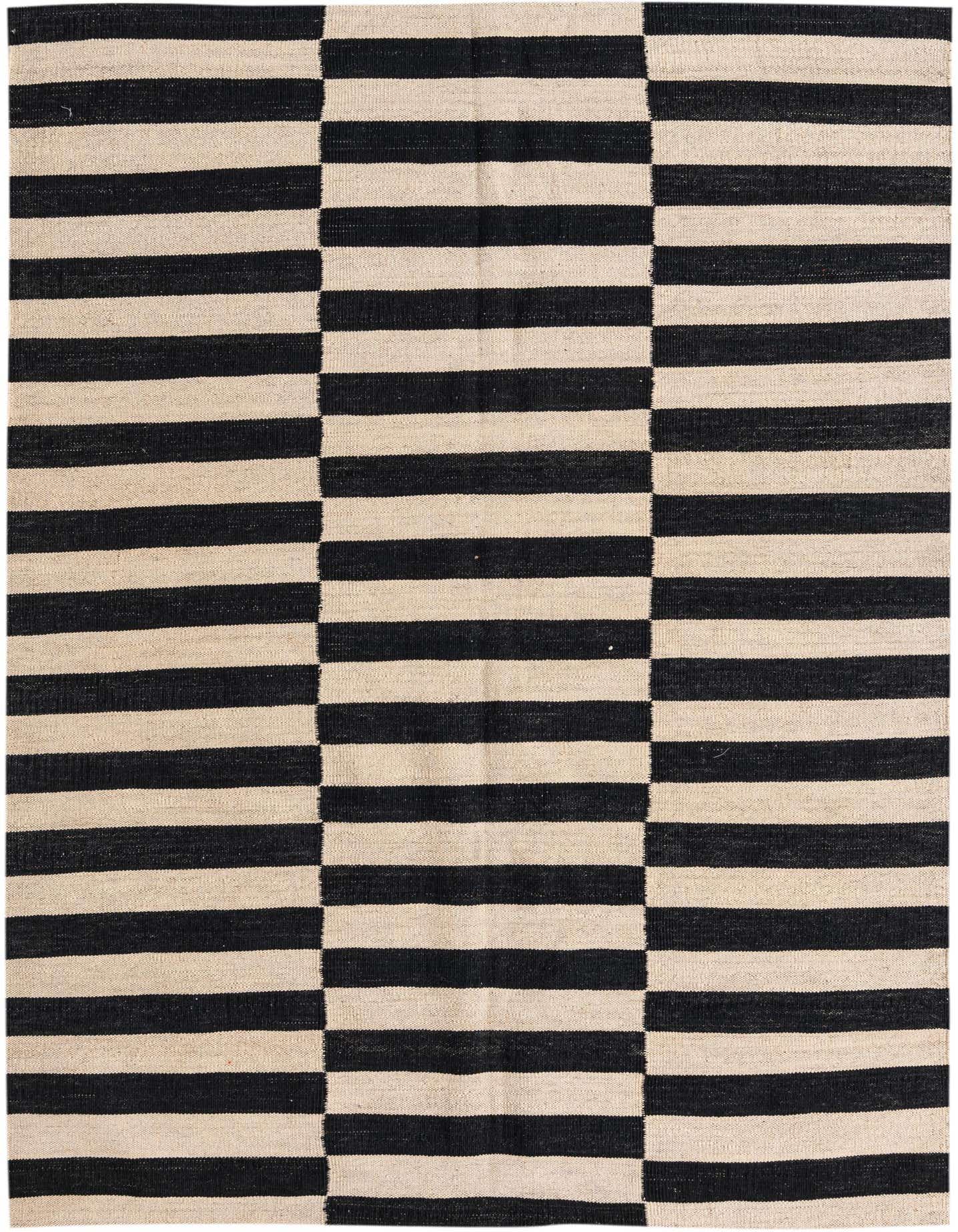 A 4x6 rectangular Kilim Modern wool rug featuring bold black and cream horizontal stripes, perfect for a living room.