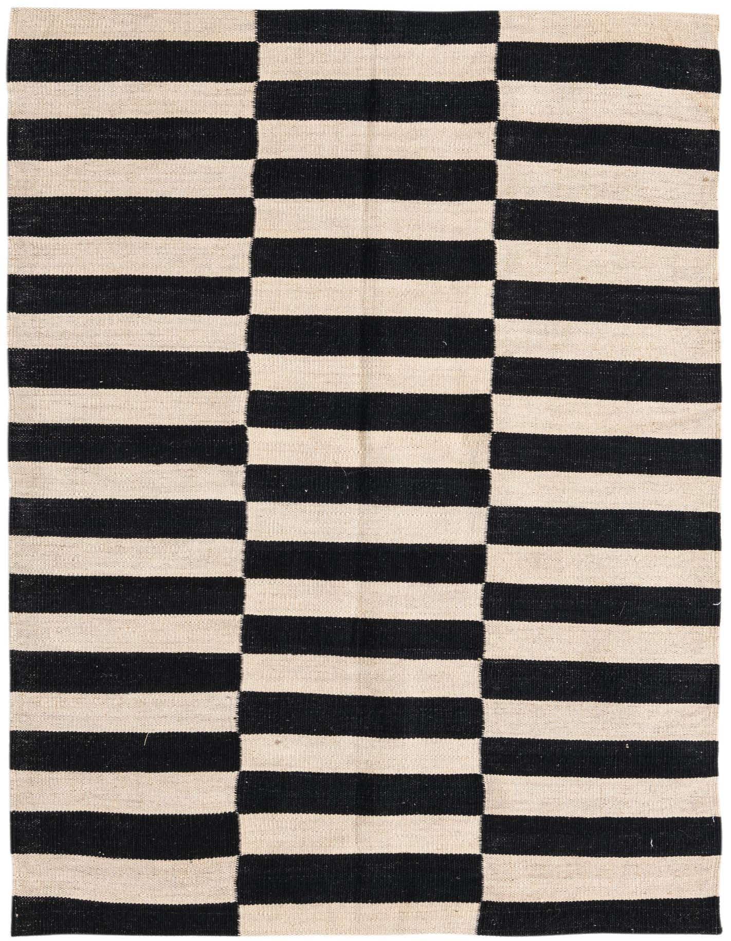 A 3x5 rectangular black and ivory flatweave wool rug with a modern tribal stripe pattern.