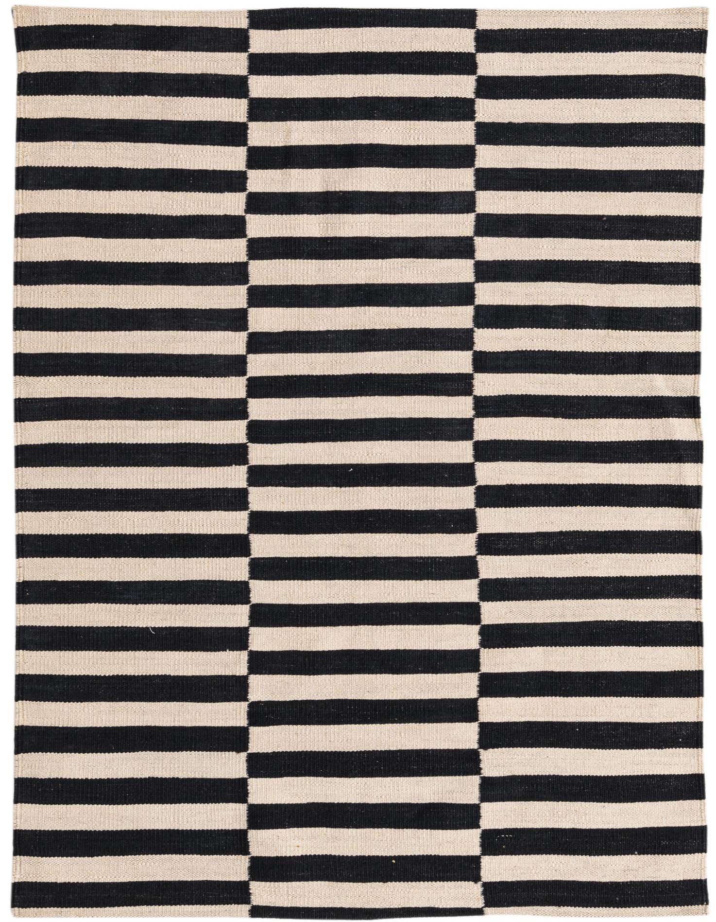 A 3x5 rectangular Kilim Modern wool rug with bold black and ivory horizontal stripes in a tribal, modern pattern.