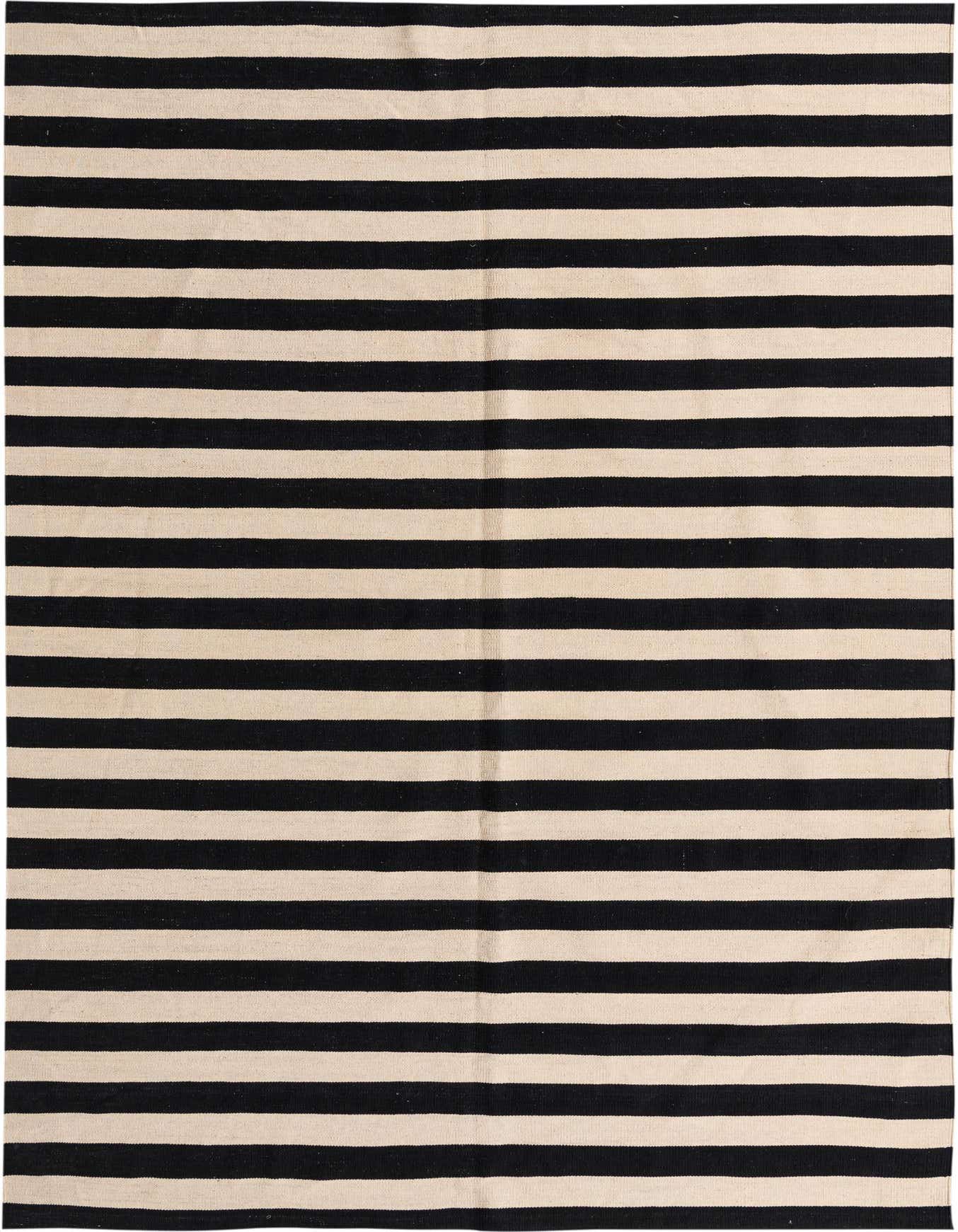 A 3x5 rectangular Kilim Modern rug with horizontal black and cream stripes, suitable for a kitchen or entryway.