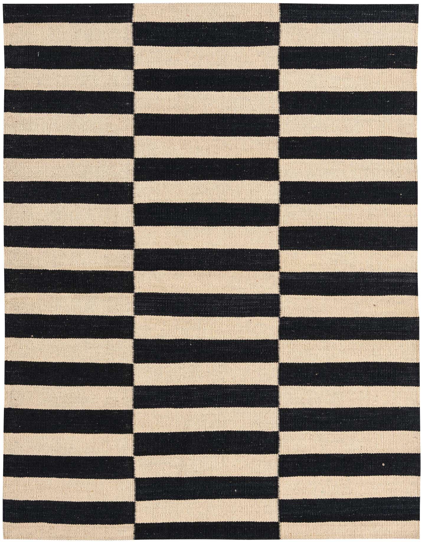 A 3x5 rectangular Kilim Modern rug with a bold black and ivory striped pattern, perfect for a kitchen or entryway.