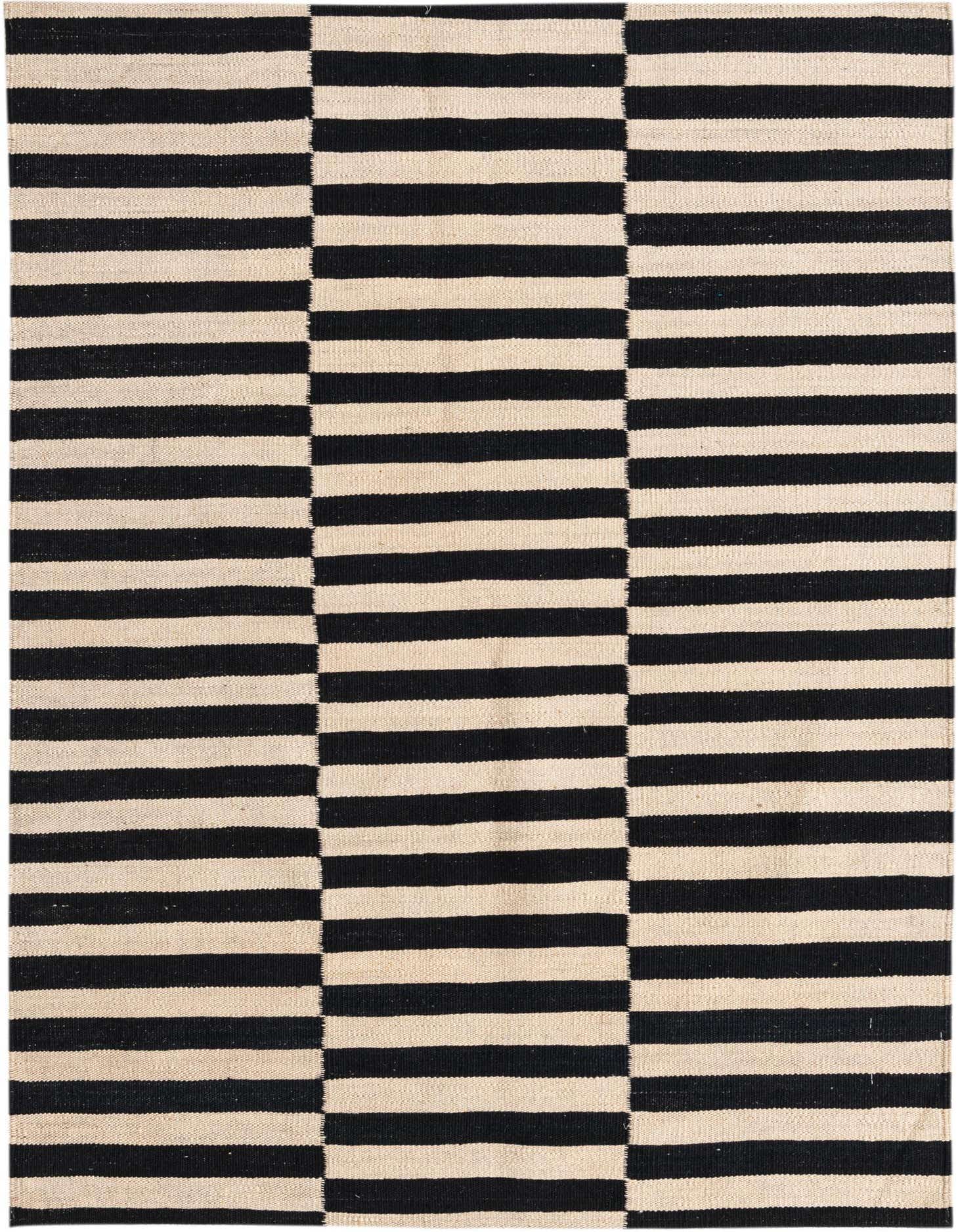 A 3x5 rectangular black and ivory flatweave rug with a modern tribal stripe pattern, ideal for a kitchen or entryway.