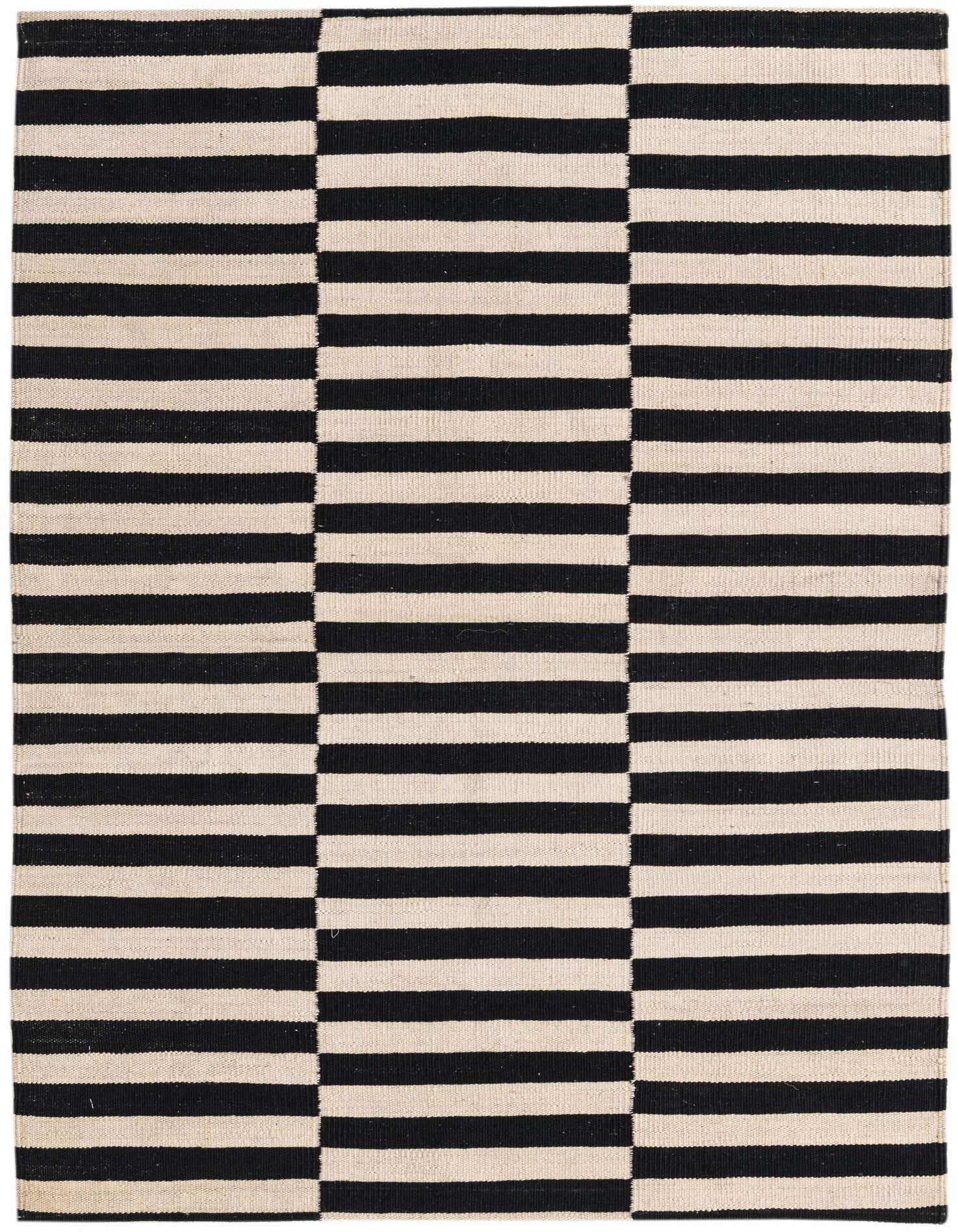 A 3x5 rectangular black and ivory flatweave rug with a modern striped and tribal pattern, suitable for an entryway.