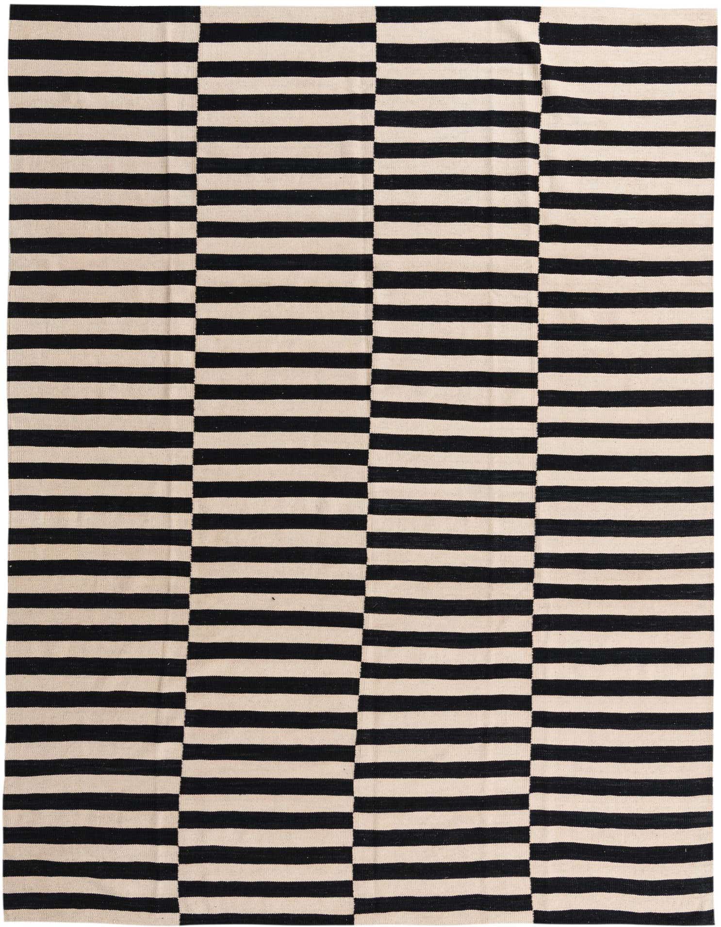 A rectangular 8x11 Kilim Modern wool rug featuring a bold black and ivory striped tribal pattern.