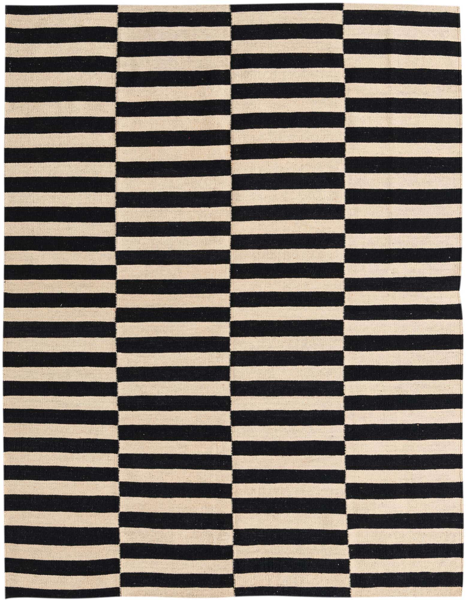 A 5x8 rectangular black and cream flatweave rug with a bold horizontal stripe pattern, ideal for a modern living room.